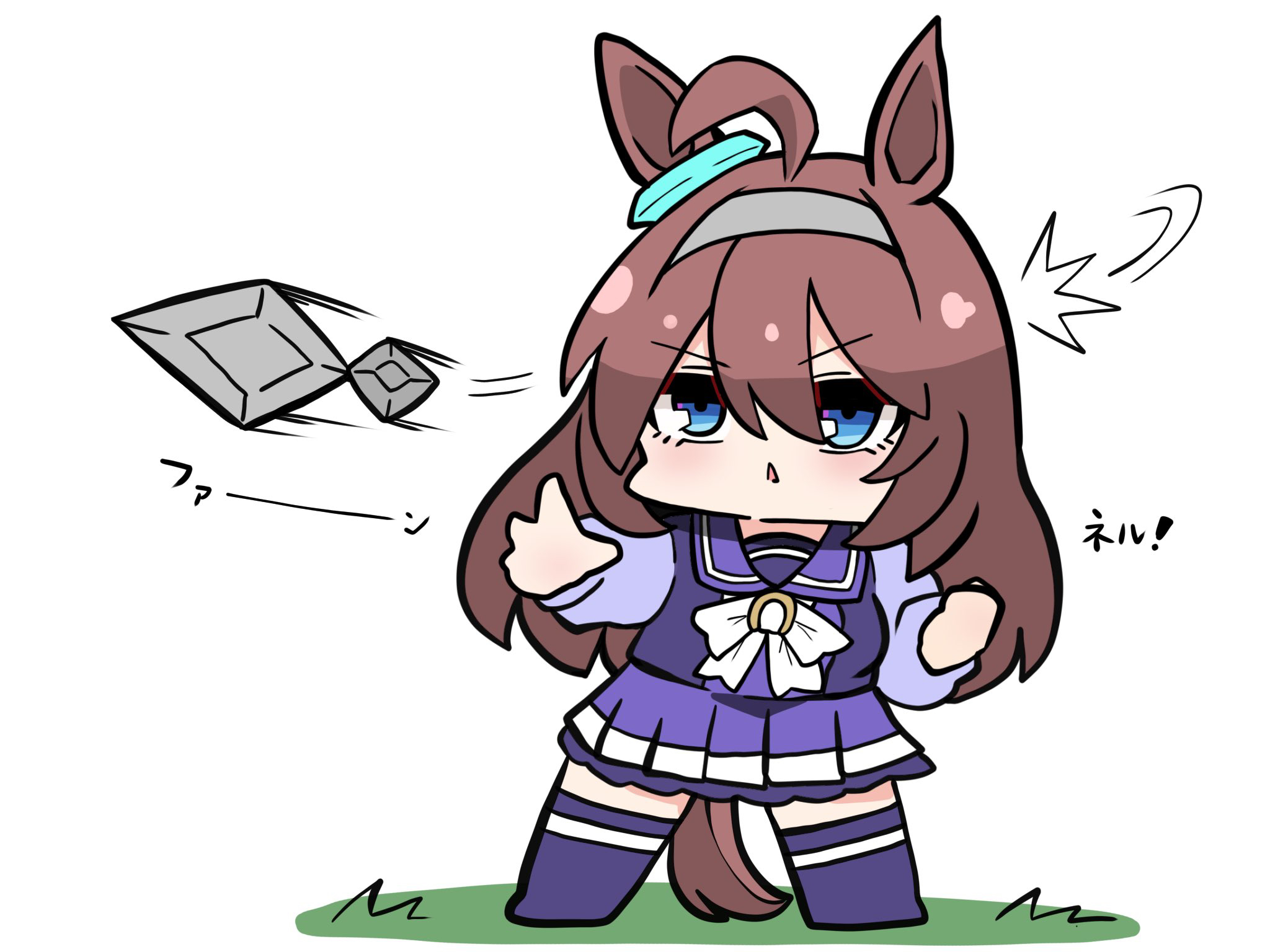 kawamochi (tddm3573), mihono bourbon (umamusume), umamusume, highres, translation request, 1girl, :<, ^^^, ahoge, animal ears, blue eyes, bow, brown hair, full body, grey hairband, hair between eyes, hairband, horse ears, horse girl, horse tail, long hair, long sleeves, motion lines, parted lips, pleated skirt, puffy long sleeves, puffy sleeves, purple shirt, purple skirt, purple thighhighs, school uniform, shirt, simple background, skirt, solo, speed lines, standing, tail, thighhighs, throwing, tracen school uniform, triangle mouth, v-shaped eyebrows, very long hair, white background, white bow