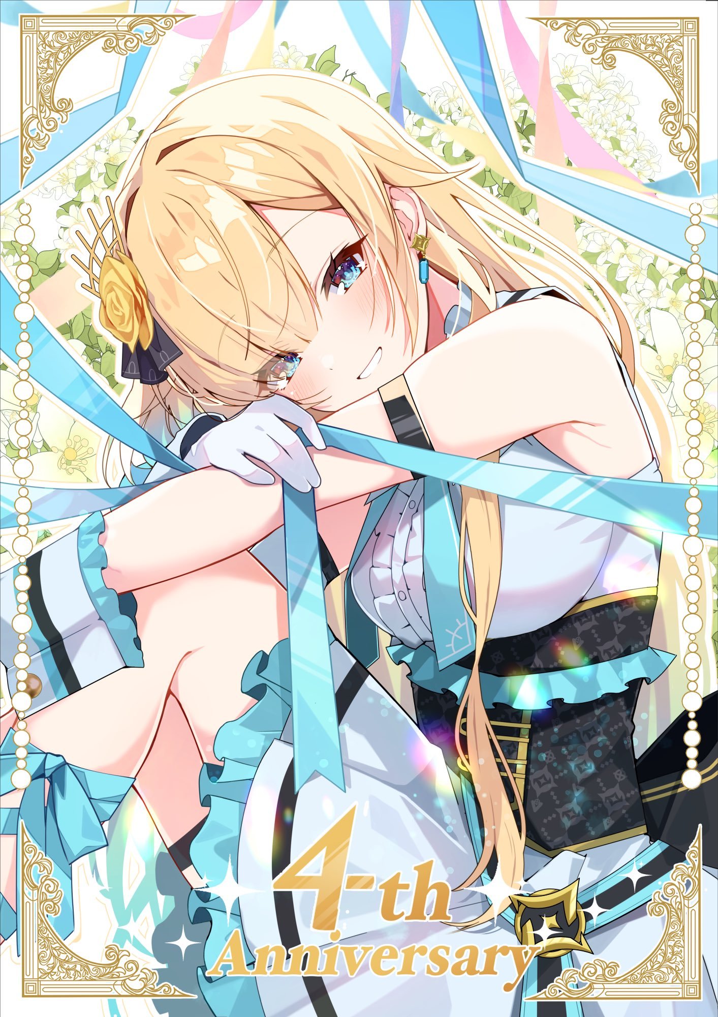 yukijirushi e, aizawa ema, vspo!, highres, 1girl, anniversary, arm strap, bare shoulders, black corset, blonde hair, blue eyes, breasts, corset, dress, earrings, flower, frills, gloves, hair flower, hair ornament, jewelry, knees up, leg ribbon, long hair, looking at viewer, ribbon, sitting, sleeveless, smile, solo, underbust, virtual youtuber, white dress, white gloves, yellow flower