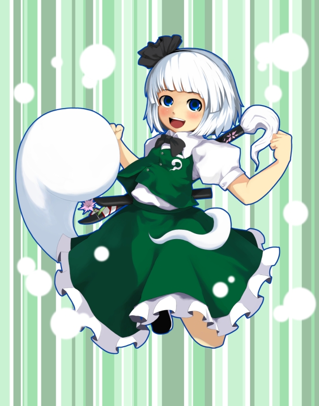 laboto, konpaku youmu, konpaku youmu (ghost), touhou, 1girl, :d, blue eyes, blush, female focus, floating, flower, ghost, hair ribbon, hitodama, jumping, looking at viewer, open mouth, ribbon, short hair, simple background, smile, solo, striped background, sword, vertical stripes, weapon, white hair