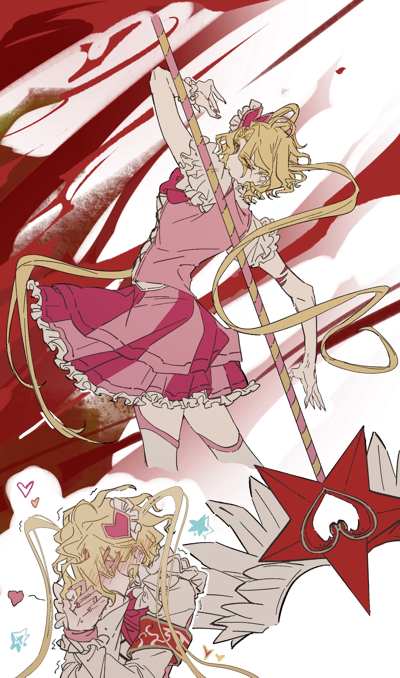 v9sk51z6jxquzom, don quixote (project moon), sancho (project moon), limbus company, project moon, absurdres, highres, 1girl, armband, blonde hair, blood, blush, bow, bowtie, e.g.o (project moon), full-face blush, hair ornament, heart, heart hair ornament, in the name of love and hate (e.g.o), long sleeves, looking at viewer, multiple views, parted bangs, pink bow, pink bowtie, pink garter straps, pink nails, pink skirt, pink vest, red armband, red eyes, short hair, simple background, skirt, solo, standing, thighhighs, two side up, upper body, vest, white background, white thighhighs, winged wand