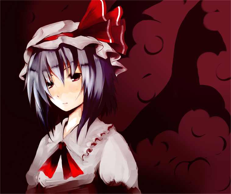 kinsenka, remilia scarlet, touhou, silver hair, 1girl, ascot, blush, collar, dress, expressionless, female focus, frills, hat, mob cap, red eyes, red ribbon, ribbon, short hair, solo, upper body, white dress