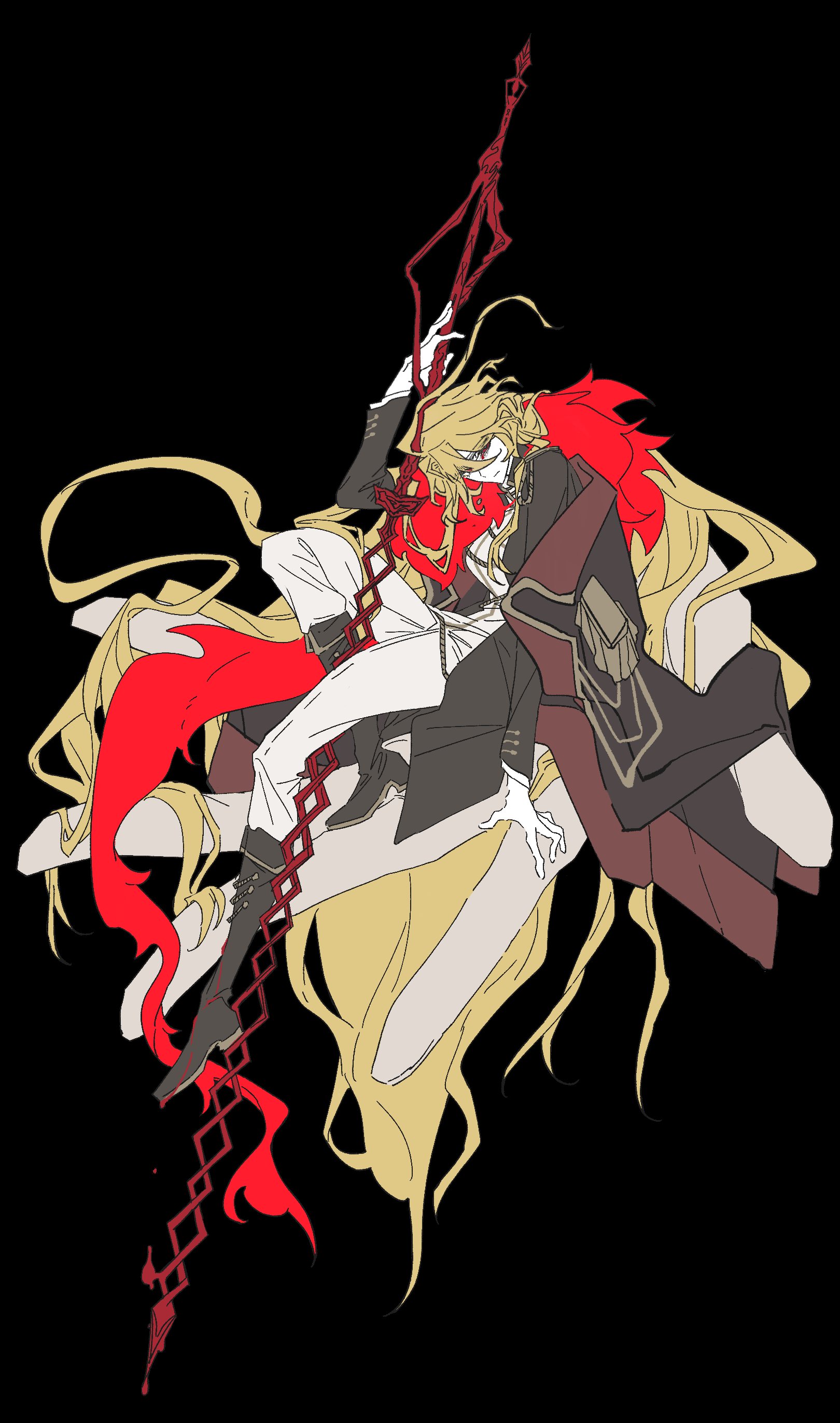 v9sk51z6jxquzom, don quixote (project moon), sancho (project moon), limbus company, project moon, absurdres, highres, 1girl, black background, black boots, black coat, blonde hair, blood, boots, coat, disembodied hand, feather boa, full body, gold trim, holding, holding polearm, holding weapon, la manchaland (identity) (project moon), lance, long hair, long sleeves, looking at viewer, pants, parted bangs, polearm, red eyes, shirt, simple background, sitting, solo, weapon, white pants, white shirt