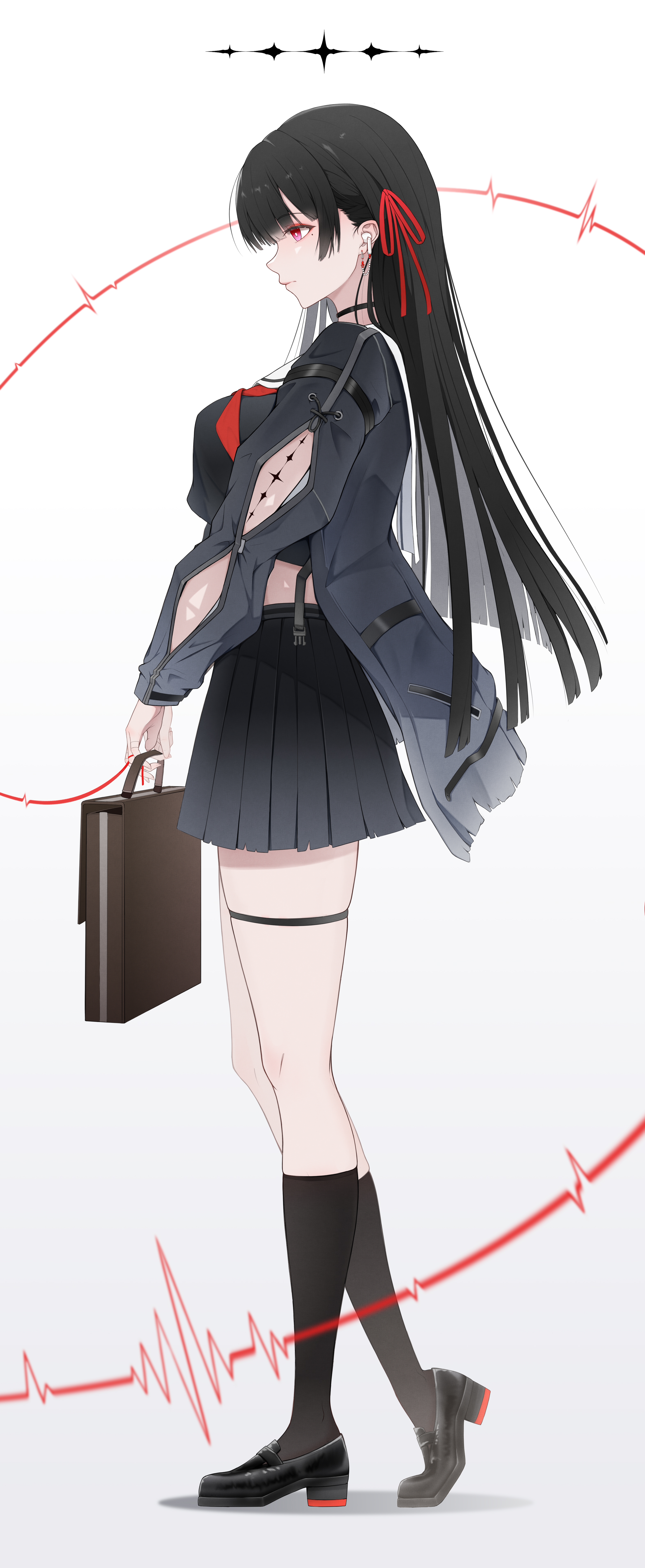 chisa (wuthering waves), wuthering waves, absurdres, chinese commentary, commentary request, highres, revision, 1girl, arm cutout, bag, black hair, black jacket, black shirt, black shoes, black skirt, black socks, breasts, closed mouth, clothing cutout, earbuds, earphones, from side, full body, gradient background, hair ribbon, holding, holding bag, jacket, long hair, looking ahead, medium breasts, neckerchief, profile, red eyes, red neckerchief, red ribbon, ribbon, shirt, shoes, skirt, socks, solo, tacet mark (wuthering waves), wangzi qiu laoshi, white background
