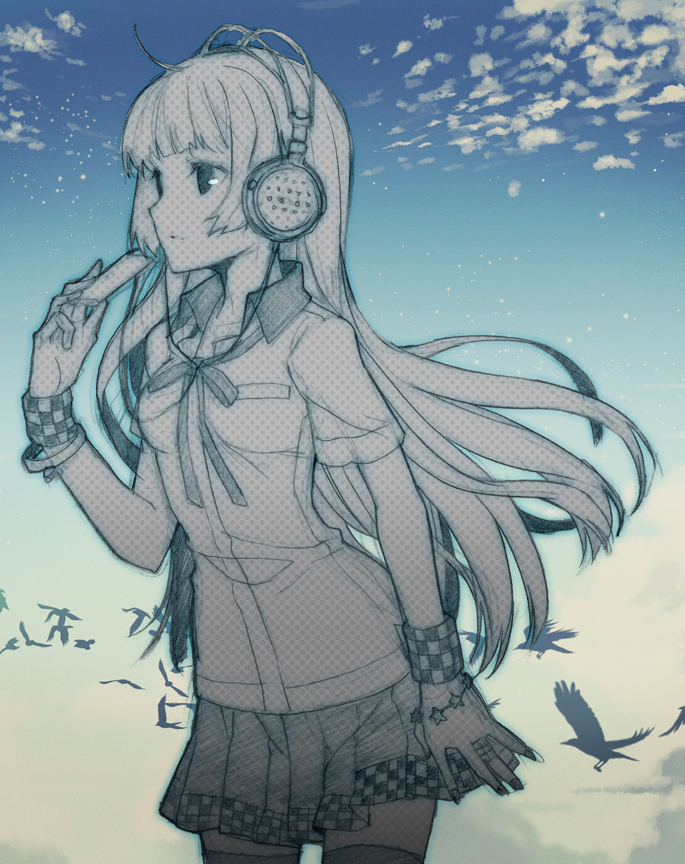 h2so4, djmax, djmax portable, djmax technika, sweet shining shooting star (djmax), bad id, bad pixiv id, 1girl, bird, blunt bangs, bracelet, cable, cloud, digital media player, female focus, headphones, hime cut, jewelry, long hair, ribbon, ring, school uniform, serafuku, skirt, sky, solo, star (sky), star (symbol), starry sky, thighhighs, wind, wristband, zettai ryouiki