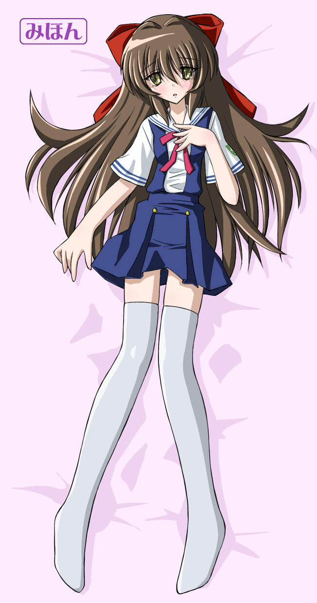 aoba (aunana), aoba, shima katsuki, clannad, highres, 00s, 1boy, blush, bow, brown hair, crossdressing, crossdressing (mtf), green eyes, long hair, lying, male focus, school uniform, solo, thighhighs, trap, yellow eyes