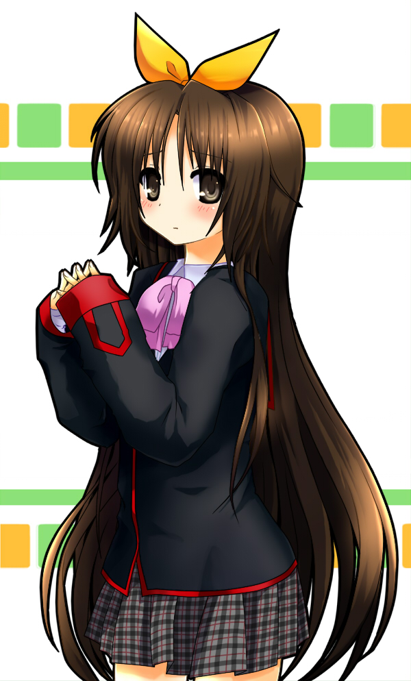 sanchoume, naoe riki, little busters!, gender request, 1boy, blush, bow, brown eyes, brown hair, crossdressing, crossdressing (mtf), genderswap, hair ribbon, long hair, male focus, pink bow, plaid clothes, plaid skirt, ribbon, school uniform, skirt, solo, trap, very long hair