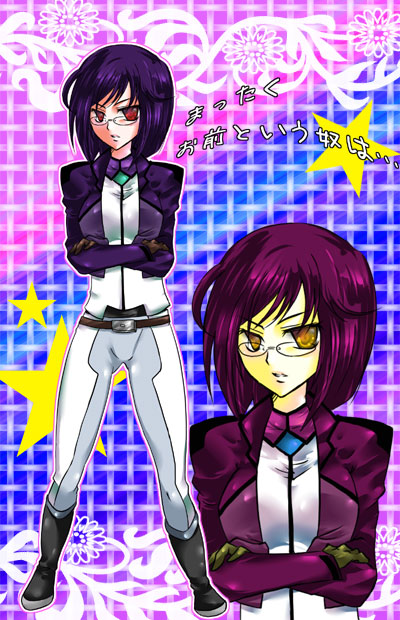 ko raru, tieria erde, gundam, gundam 00, uniform, bad id, bad pixiv id, gender request, 00s, 1girl, boots, breasts, cameltoe, female focus, genderswap, glasses, gloves, male focus, medium breasts, purple hair, red eyes, short hair, solo, star (symbol)