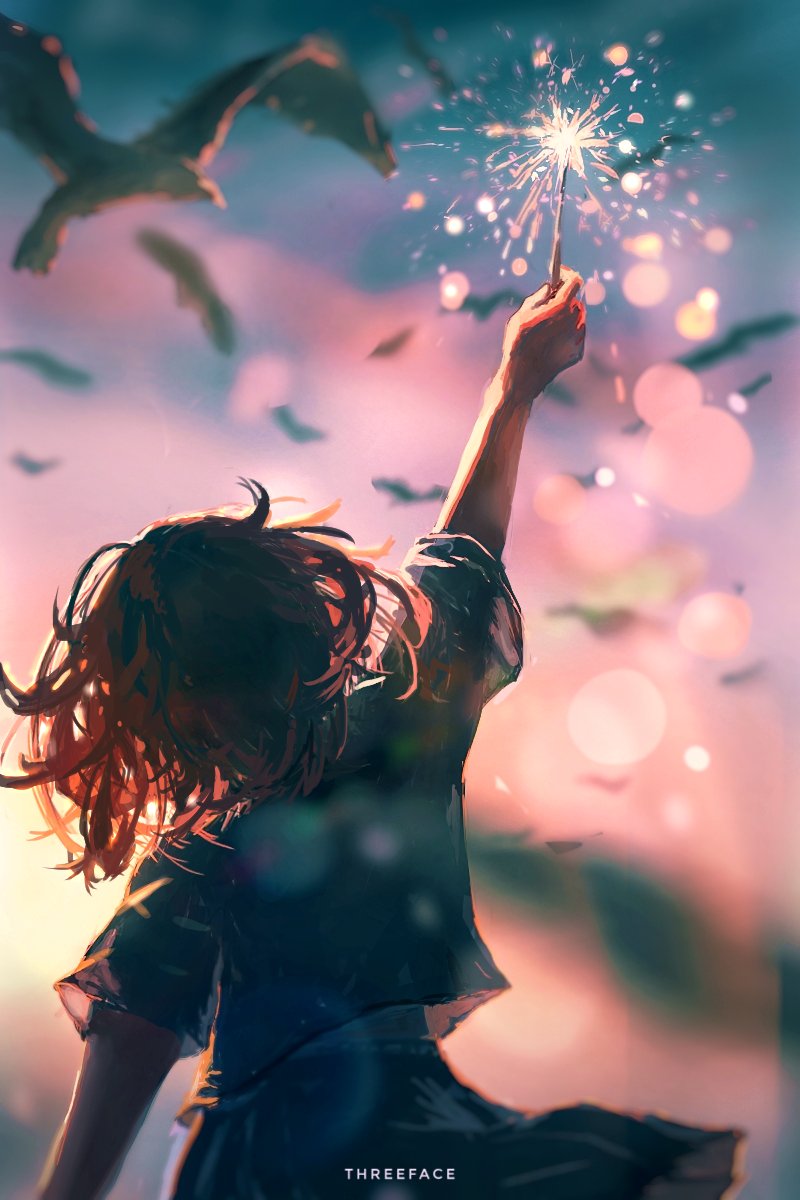 original, highres, 1girl, arm up, blue shirt, blurry, blurry background, bokeh, brown hair, depth of field, evening, feathers, fireworks, from behind, holding, holding fireworks, outdoors, sanmen (threeface il), shirt, short sleeves, sky, solo, sparkler, sunset, upper body