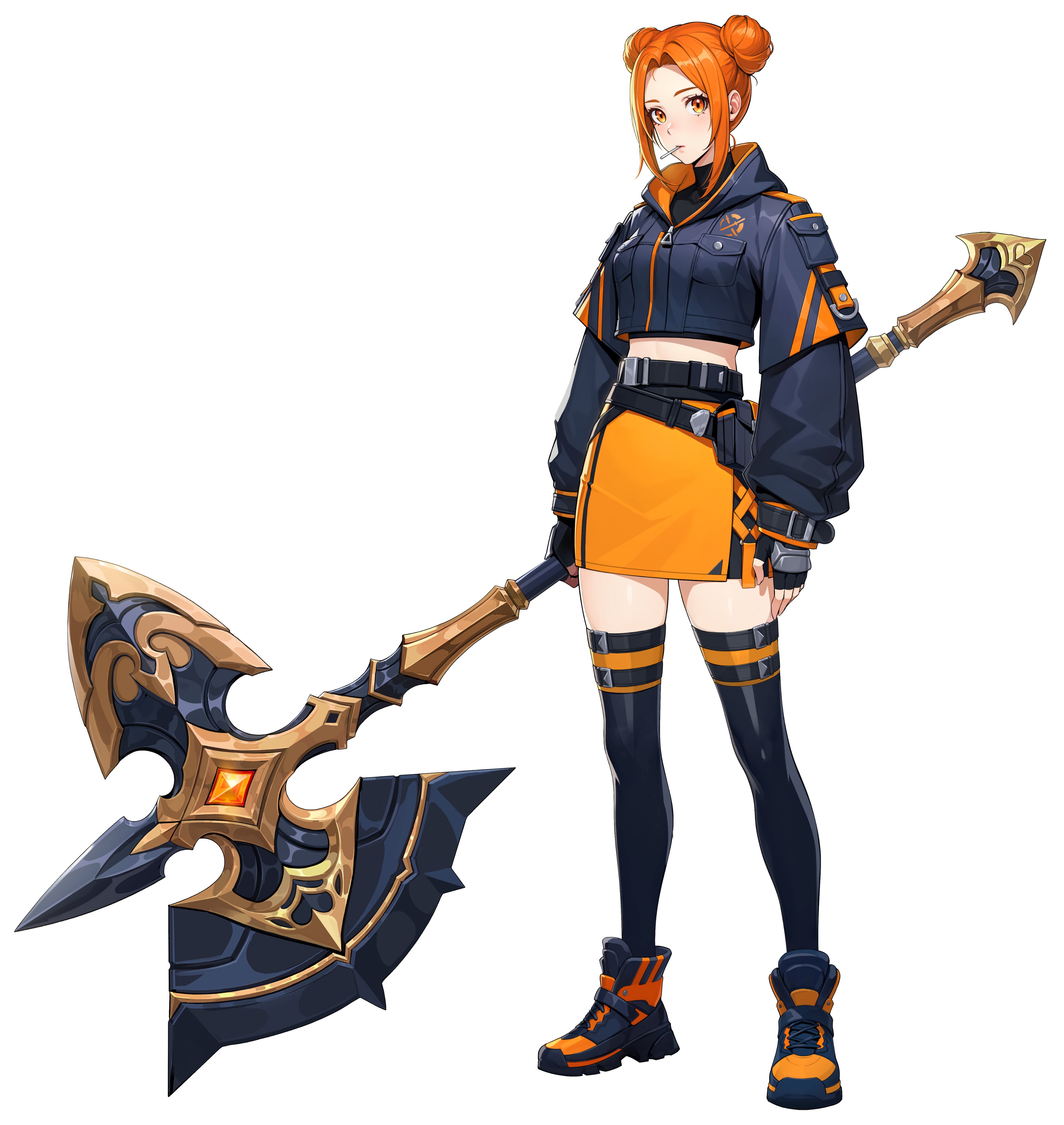 shimizu akari, solo leveling, solo leveling: arise, absurdres, highres, official art, 1girl, axe, belt, black belt, black jacket, black shoes, black thighhighs, cropped jacket, double bun, fingerless gloves, full body, glasses, gloves, hair bun, holding, holding axe, hood, hooded jacket, jacket, looking at viewer, midriff, multicolored shoes, orange eyes, orange hair, orange shoes, orange skirt, shoes, simple background, skirt, solo, thighhighs, two-tone shoes, white background
