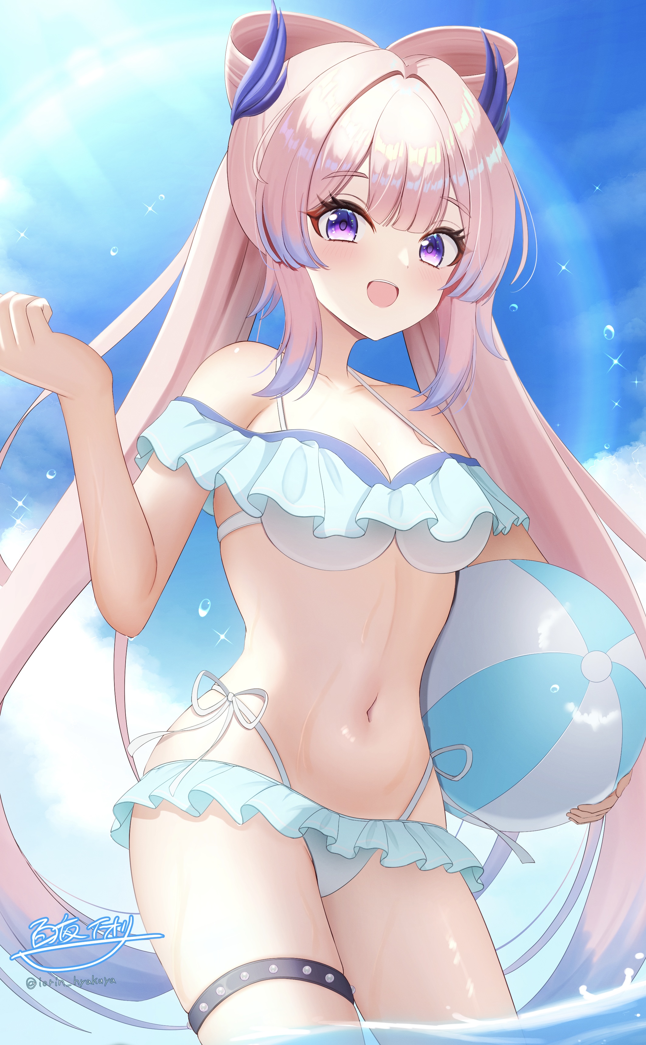 hyakuya iori, sangonomiya kokomi, genshin impact, absurdres, commentary request, highres, 1girl, alternate costume, ball, bare shoulders, beachball, bikini, blue hair, blue sky, blush, bow-shaped hair, breasts, cleavage, collarbone, colored tips, day, frilled bikini, frills, hair between eyes, hand up, holding, holding ball, holding beachball, long hair, looking at viewer, medium breasts, multicolored hair, navel, open mouth, outdoors, pink hair, purple eyes, side-tie bikini bottom, signature, sky, solo, stomach, swimsuit, thigh strap, twitter username, very long hair, wading, water, white bikini