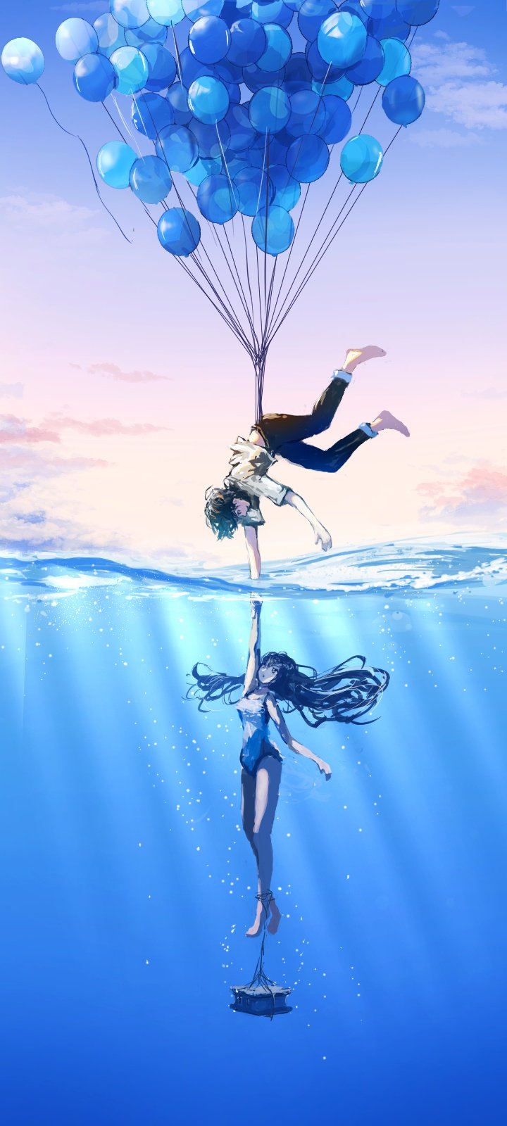 original, highres, 1boy, 1girl, arm up, barefoot, black hair, cloud, hanging, long hair, one-piece swimsuit, pants, partially underwater shot, sanmen (threeface il), shirt, sky, swimsuit, underwater, upside-down, water
