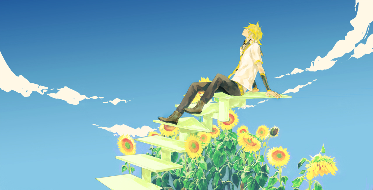 kaninn, kagamine len, vocaloid, bad id, bad pixiv id, photoshop (medium), 1boy, blonde hair, boots, cloud, day, flower, headphones, male focus, outdoors, sitting, sky, solo, stairs, sunflower