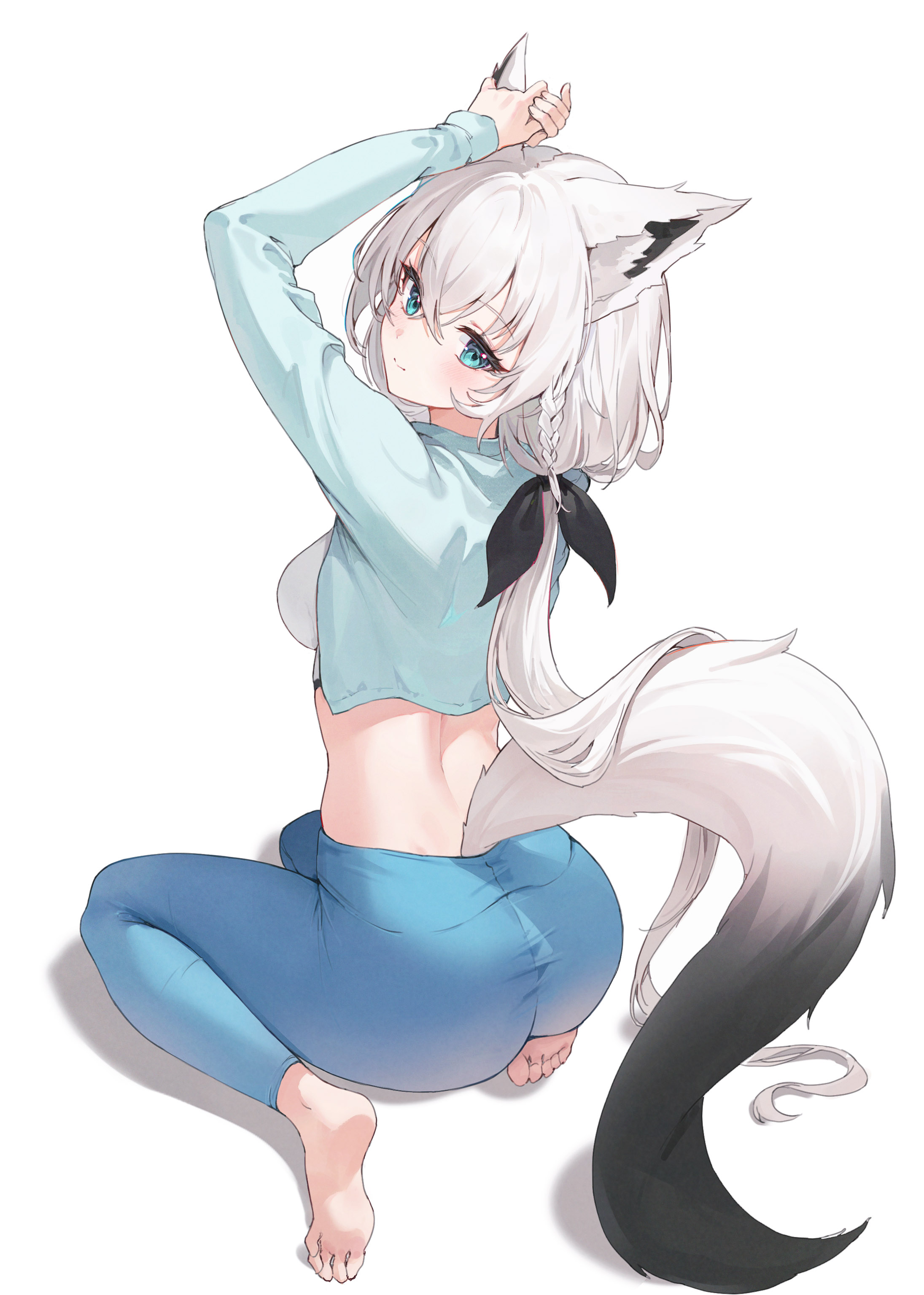 ryu o, shirakami fubuki, hololive, absurdres, highres, 1girl, animal ears, ass, barefoot, black tail, breasts, fox ears, fox tail, green eyes, hair between eyes, large breasts, looking at viewer, looking back, simple background, solo, tail, thighs, two-tone tail, white background, white hair
