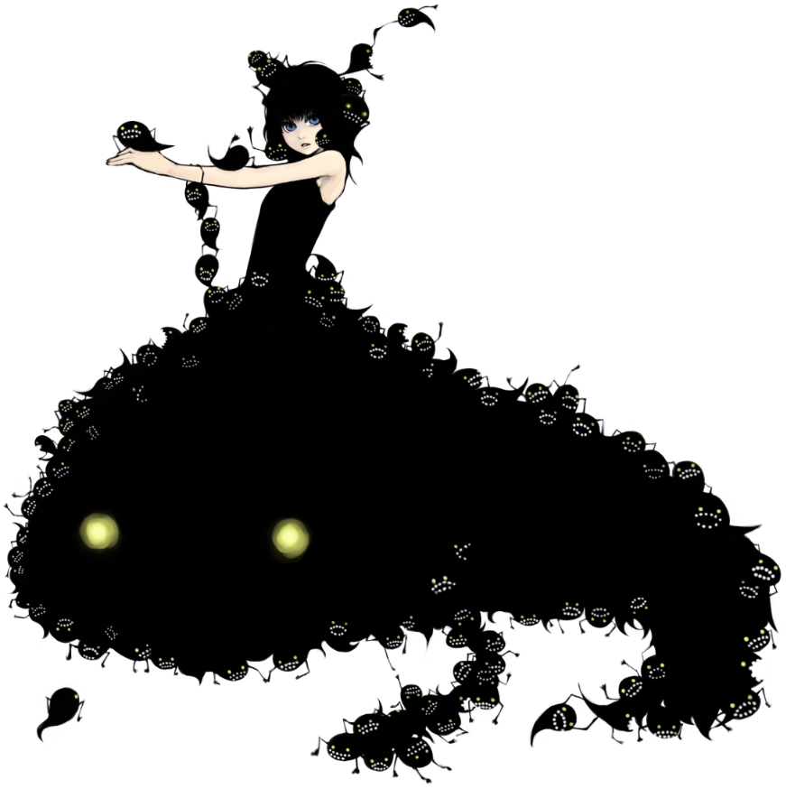 morina nao, yami shoujo, original, 1girl, bare shoulders, black eyes, black hair, black theme, blue eyes, darkness, dress, female focus, monster, solo, teeth