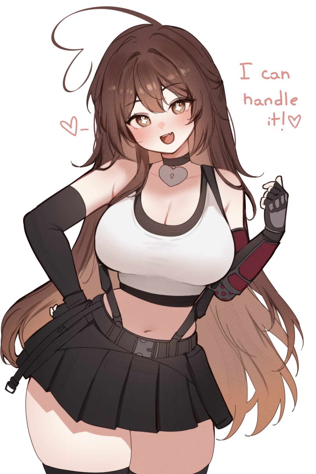 sky above me, sky above me (vtuber), tifa lockhart, final fantasy, final fantasy vii, final fantasy vii remake, indie virtual youtuber, commentary, english commentary, highres, 1girl, ahoge, bare shoulders, black choker, black skirt, breasts, brown eyes, brown hair, choker, cleavage, cosplay, crop top, elbow gloves, english text, fang, gloves, hand on own hip, hand up, heart, heart-shaped lock, heart ahoge, large breasts, long hair, looking at viewer, midriff, miniskirt, navel, open mouth, pleated skirt, shirt, simple background, skirt, sleeveless, sleeveless shirt, smile, solo, sparkling eyes, stomach, suspenders, thick thighs, thighhighs, thighs, tifa lockhart (cosplay), very long hair, white background, white shirt, zettai ryouiki