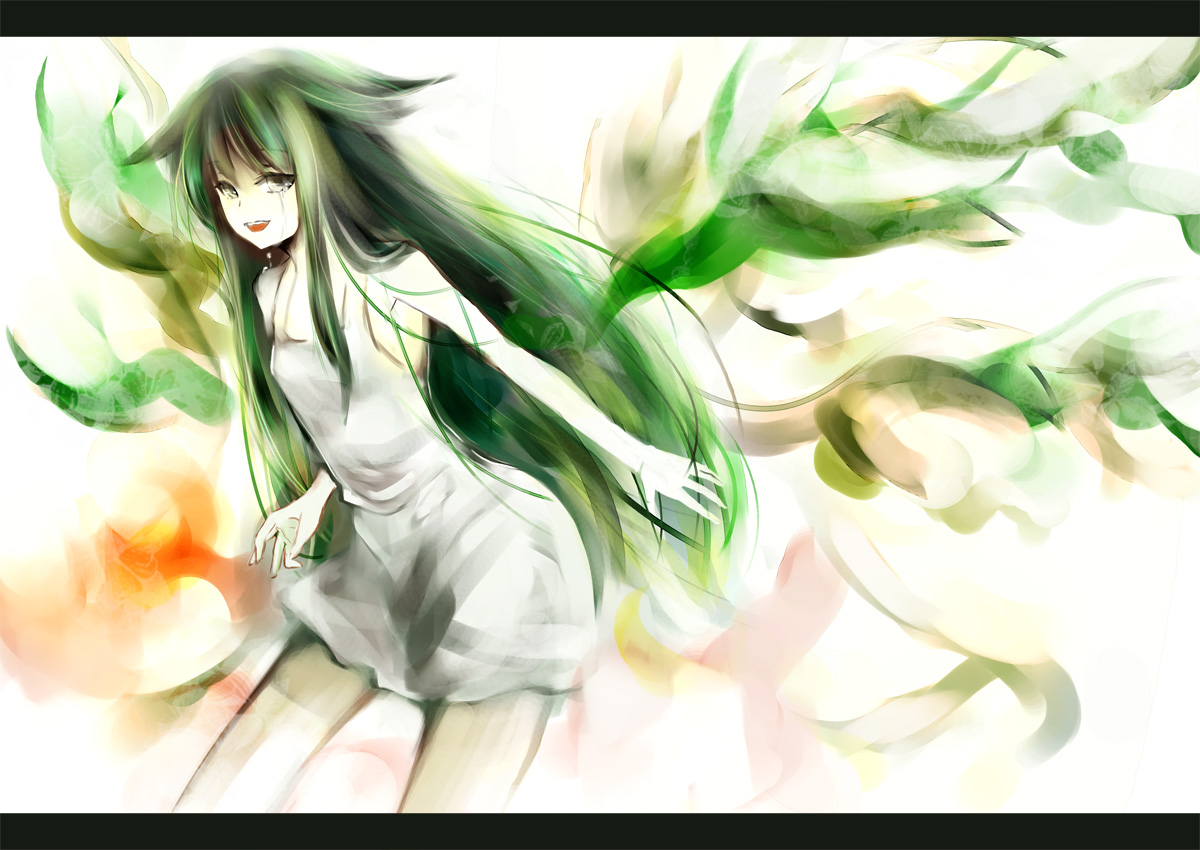tomasu, tsurukame, saya (saya no uta), saya no uta, 1girl, female focus, green hair, letterboxed, long hair, solo, tears