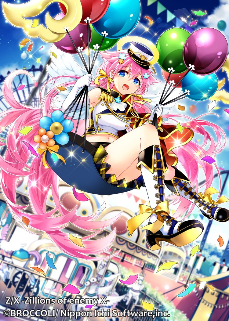 z/x, official art, 1girl, amusement park, balloon, balloon flower, black shirt, blue eyes, boots, bow, confetti, copyright notice, elbow gloves, epaulettes, feathered wings, footwear bow, gloves, gold trim, hair ornament, hair ribbon, halo, hat, holding, holding balloon, long hair, marie (z/x), multicolored shirt, navel, open mouth, outdoors, pink hair, ribbon, shirt, sitting, solo, sparkle, traditional halo, very long hair, white gloves, white shirt, wings, yellow bow, yellow ribbon
