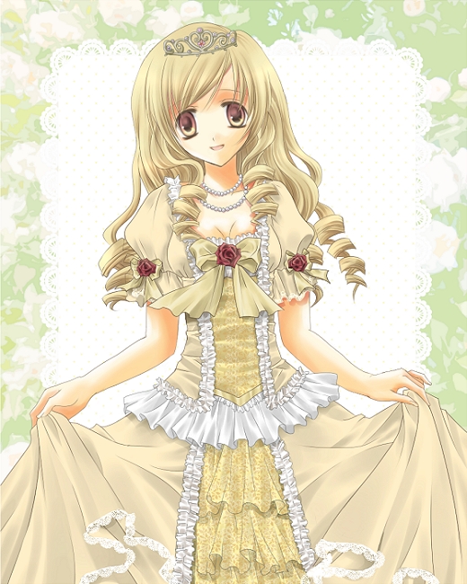 min-mu, blonde hair, brown eyes, dress, flower, ribbon, rose, solo, tiara