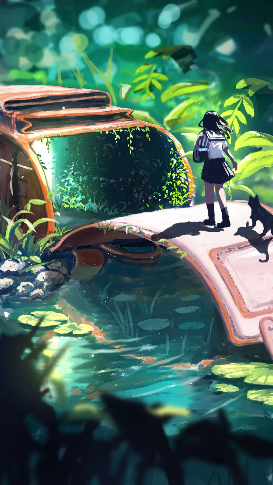 original, highres, 1girl, animal, bag, black cat, black hair, black skirt, blurry, cat, day, depth of field, from behind, leaf, lily pad, long hair, nature, outdoors, plant, sanmen (threeface il), scenery, school bag, school uniform, serafuku, shadow, shirt, skirt, socks, solo, water, white shirt