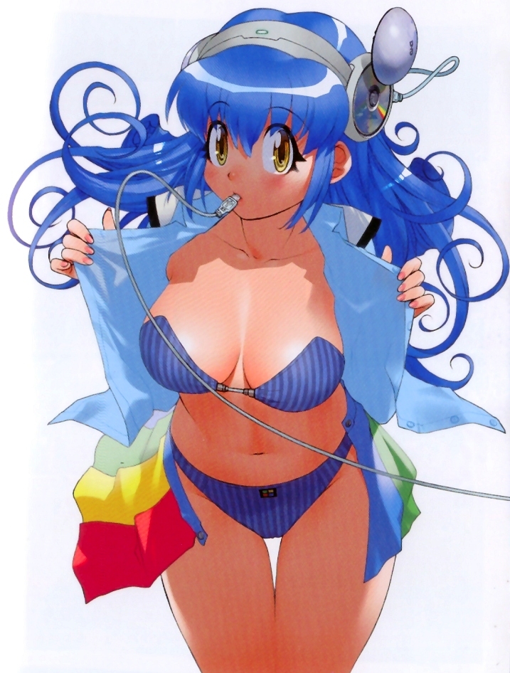 yoshizaki mine, winchan, os-tan, striped, 1girl, bandeau, blue hair, bra, breasts, cable, cleavage, female focus, large breasts, lingerie, long hair, mouth hold, navel, panties, personification, solo, thigh gap, underwear, undressing, yellow eyes