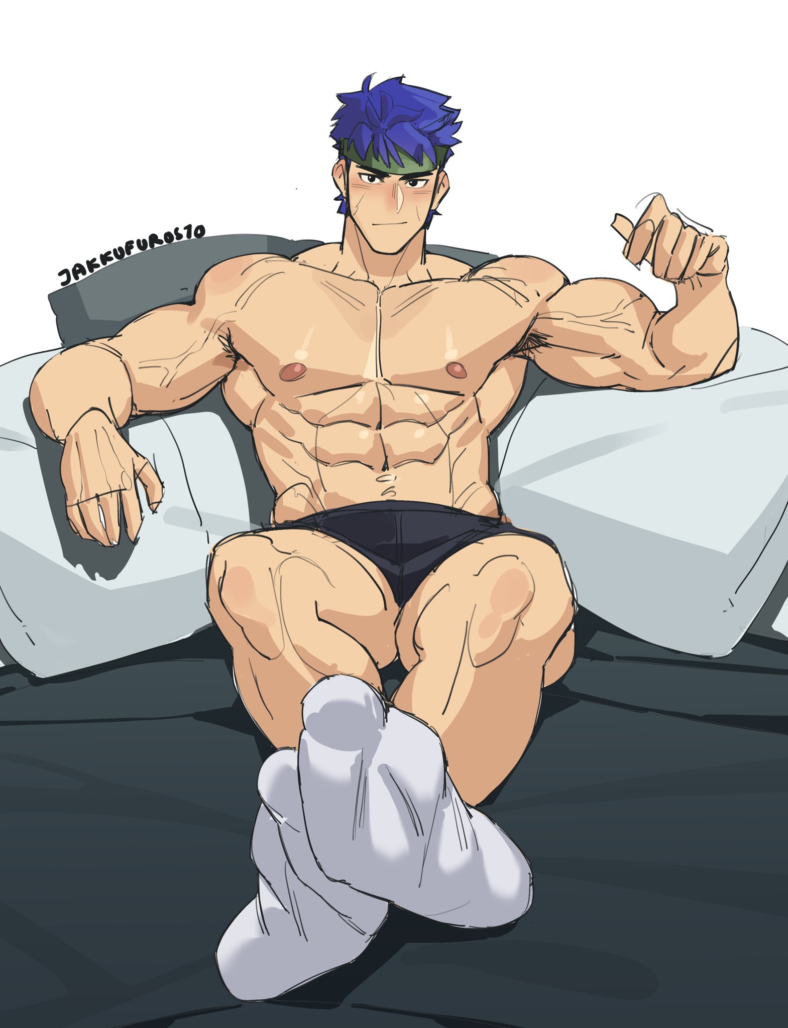 jakkufurosto, ike (fire emblem), fire emblem, fire emblem: radiant dawn, nintendo, commentary, highres, paid reward available, 1boy, abs, armpit hair, artist name, bara, black eyes, blue hair, green headband, headband, large pectorals, looking at viewer, male focus, male underwear, muscular, muscular male, nipples, pectorals, short hair, socks, solo, topless male, underwear, underwear only, veins, white socks