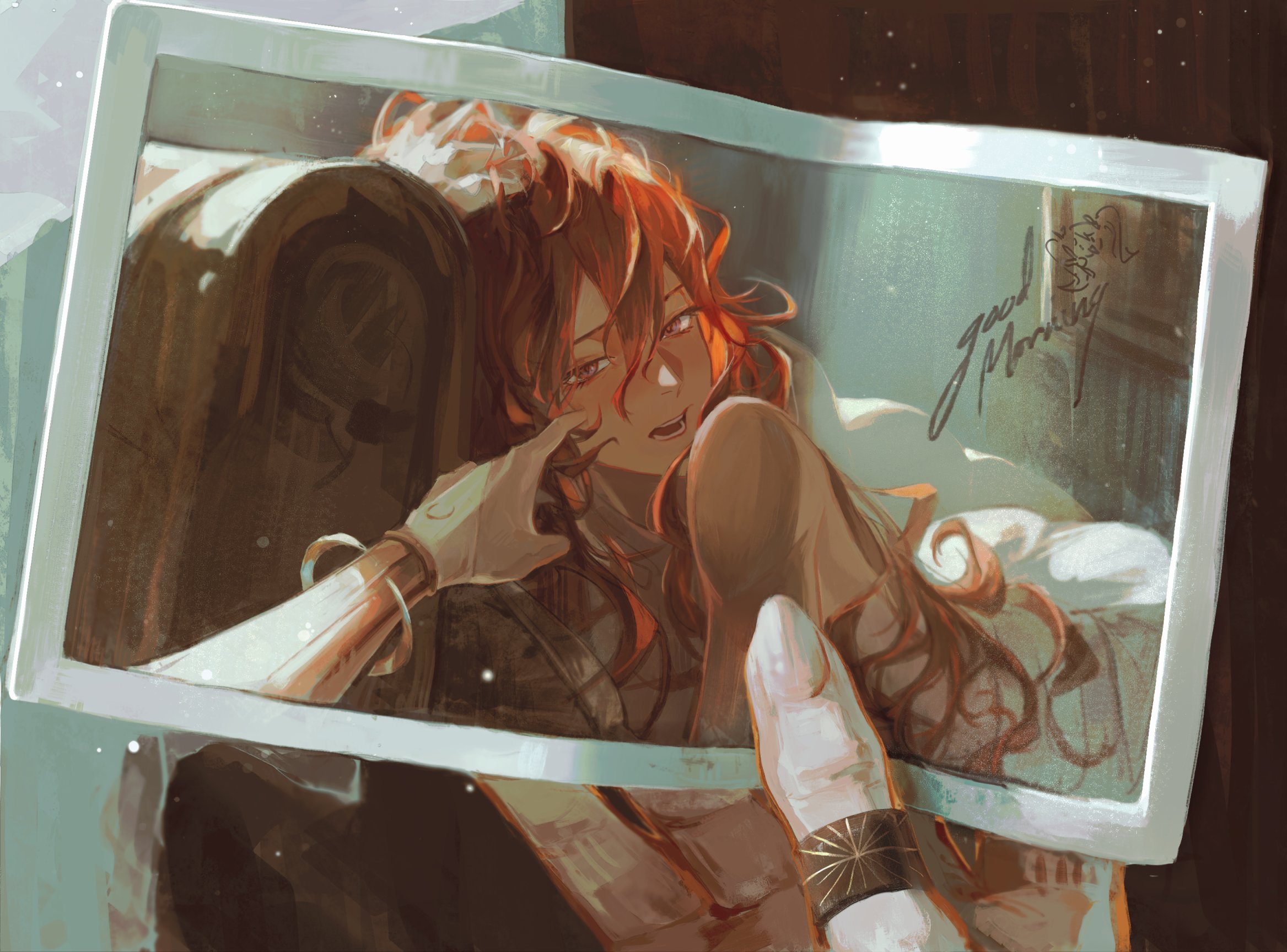 guii1210, augusta (wuthering waves), iuno (wuthering waves), wuthering waves, commentary, english commentary, highres, 1girl, bed, bridal gauntlets, cheek poking, hair between eyes, holding, holding photo, jewelry, looking at viewer, open mouth, orange eyes, orange hair, photo (object), poking, pov, pov hands, ring, solo, under covers, waking up, white bridal gauntlets