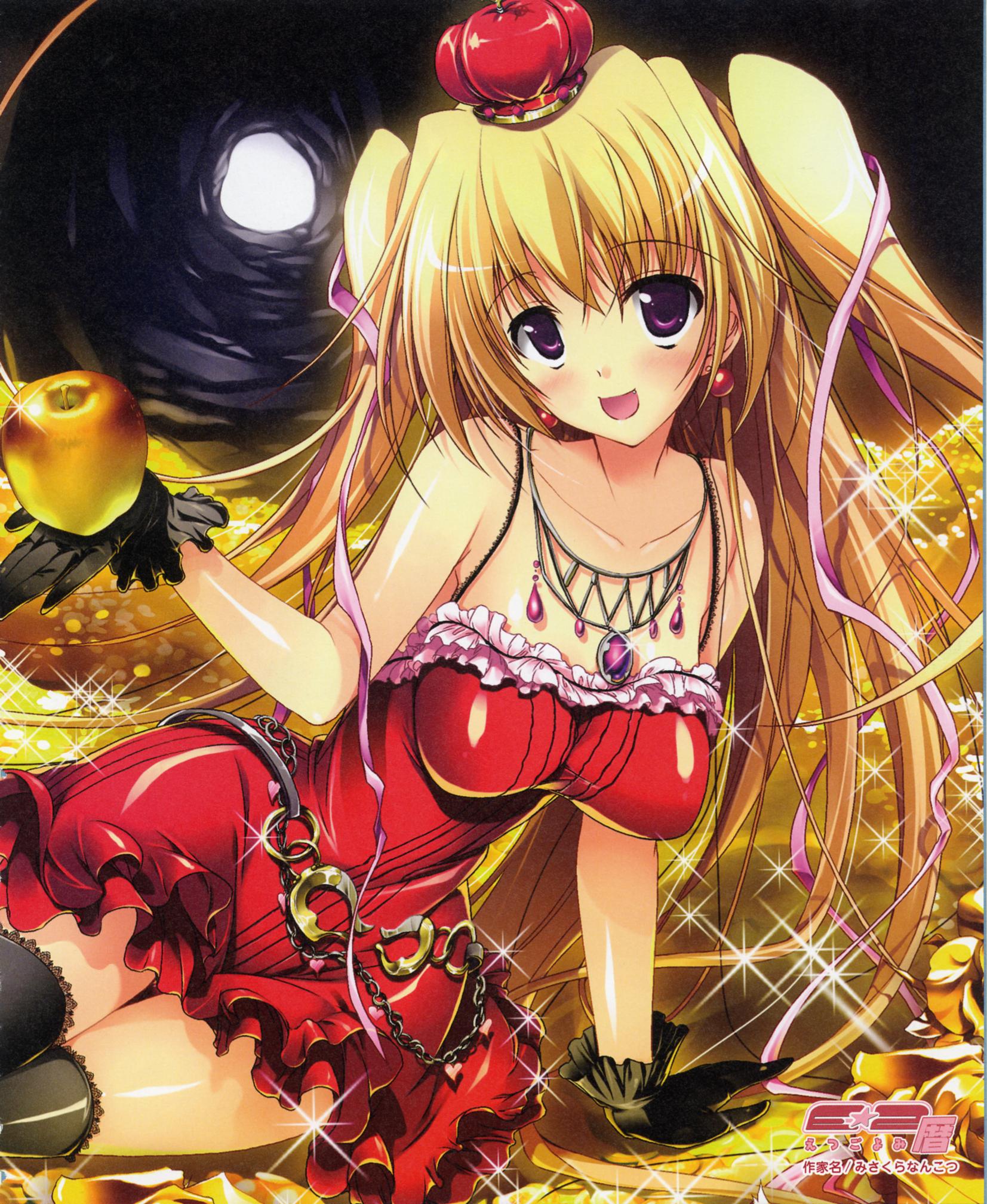 misakura nankotsu, highres, blonde hair, breasts, chain, crown, earrings, gloves, gold, jewelry, large breasts, money, necklace, purple eyes, red crown, solo, thighhighs