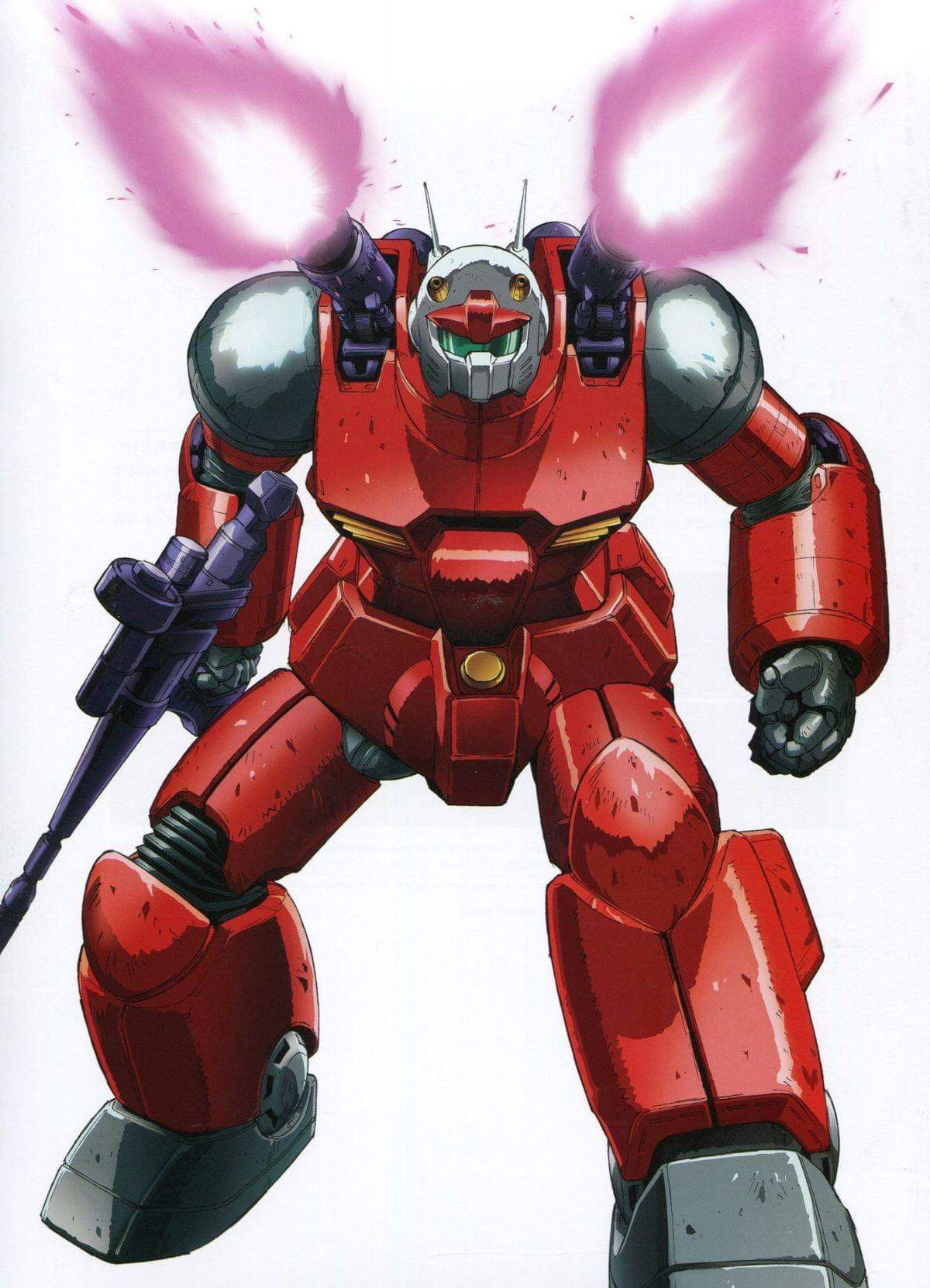 katoki hajime, guncannon, gundam, mobile suit gundam, highres, official art, promotional art, scan, traditional media, 1990s (style), beam cannon, beam rifle, damaged, debris, dirty, energy, energy beam, energy gun, firing, green visor, machinery, mecha, mecha focus, mobile suit, no humans, radio antenna, retro artstyle, robot, science fiction, weapon, white background