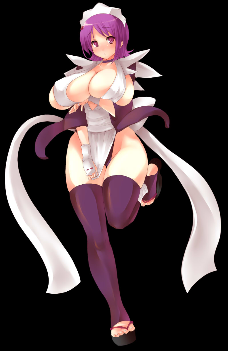 goban, iroha (samurai spirits), samurai spirits, breast hold, highres, 1girl, apron, black hair, blush, breasts, cleavage, covering crotch, covering privates, female focus, flipped hair, full body, hanging breasts, huge breasts, japanese clothes, jumping, large breasts, leotard, leotard under clothes, maid, maid headdress, open mouth, panties, pink eyes, purple hair, short hair, simple background, solo, strapless, strapless leotard, thighhighs, thong leotard, underwear, white apron