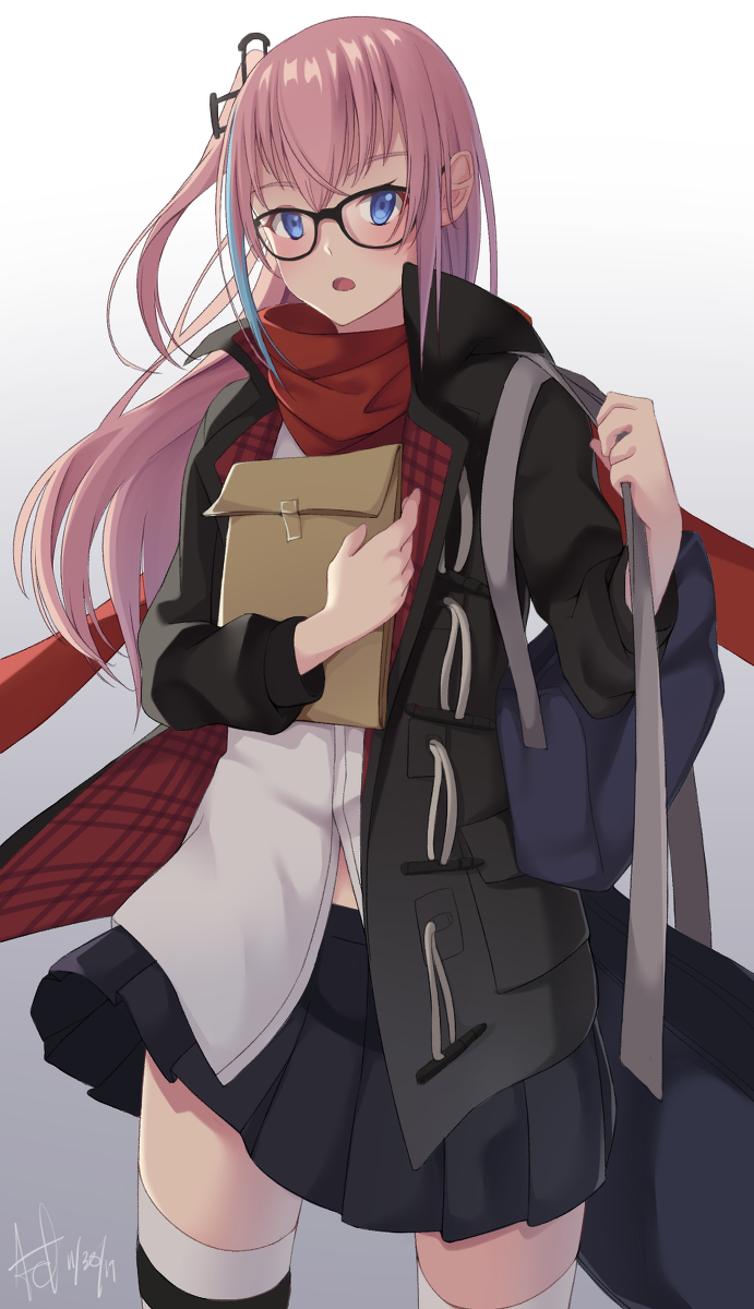 act (xadachit), st ar-15 (girls' frontline), st ar-15 (literary girl) (girls' frontline), girls' frontline, commentary request, highres, 1girl, bag, black coat, black skirt, blue eyes, blue hair, blush, coat, cowboy shot, dated commentary, dress shirt, glasses, gradient background, grey background, hair ornament, long hair, long sleeves, looking at viewer, multicolored hair, one side up, open clothes, open coat, open mouth, pink hair, pleated skirt, red scarf, scarf, shirt, shoulder bag, signature, skirt, solo, standing, streaked hair, thigh strap, thighhighs, white background, white shirt, white thighhighs