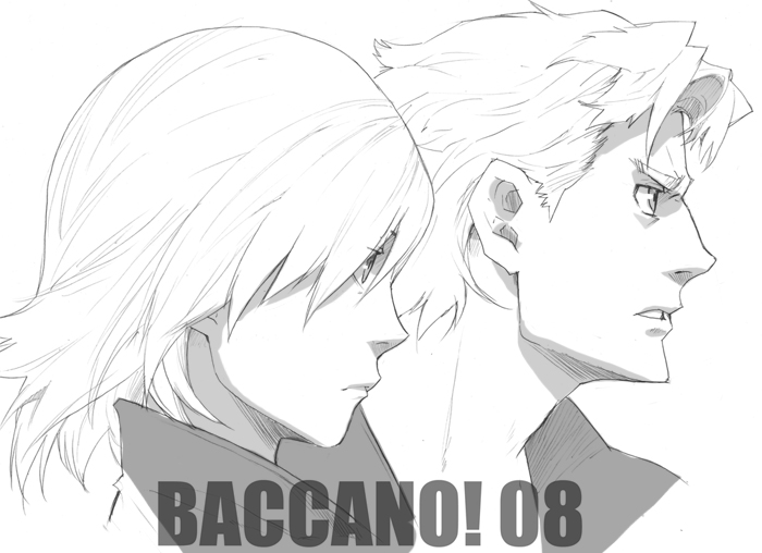 enami katsumi, graham specter, ladd russo, baccano!, 00s, 2008, 2boys, greyscale, long hair, male focus, monochrome, multiple boys, profile, simple background, upper body, white background