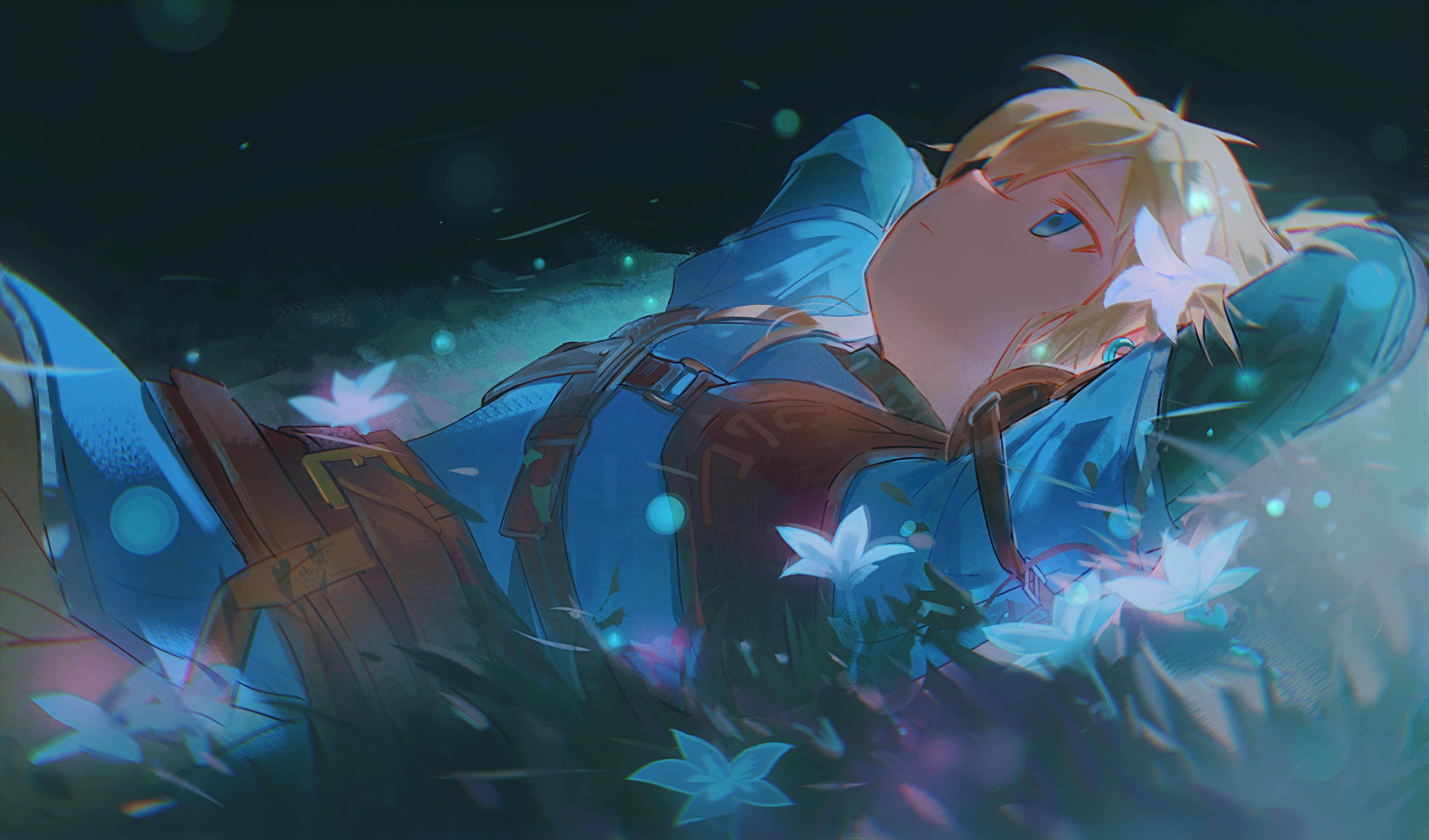 akakagami, link, nintendo, the legend of zelda, the legend of zelda: tears of the kingdom, absurdres, chinese commentary, commentary request, highres, 1boy, arms behind head, belt, blonde hair, blue eyes, blue shirt, brown belt, chest harness, closed mouth, flower, from side, harness, layered sleeves, long sleeves, lying, male focus, night, on back, on grass, profile, shirt, short hair, short over long sleeves, short sleeves, shoulder pads, solo, upper body, white flower