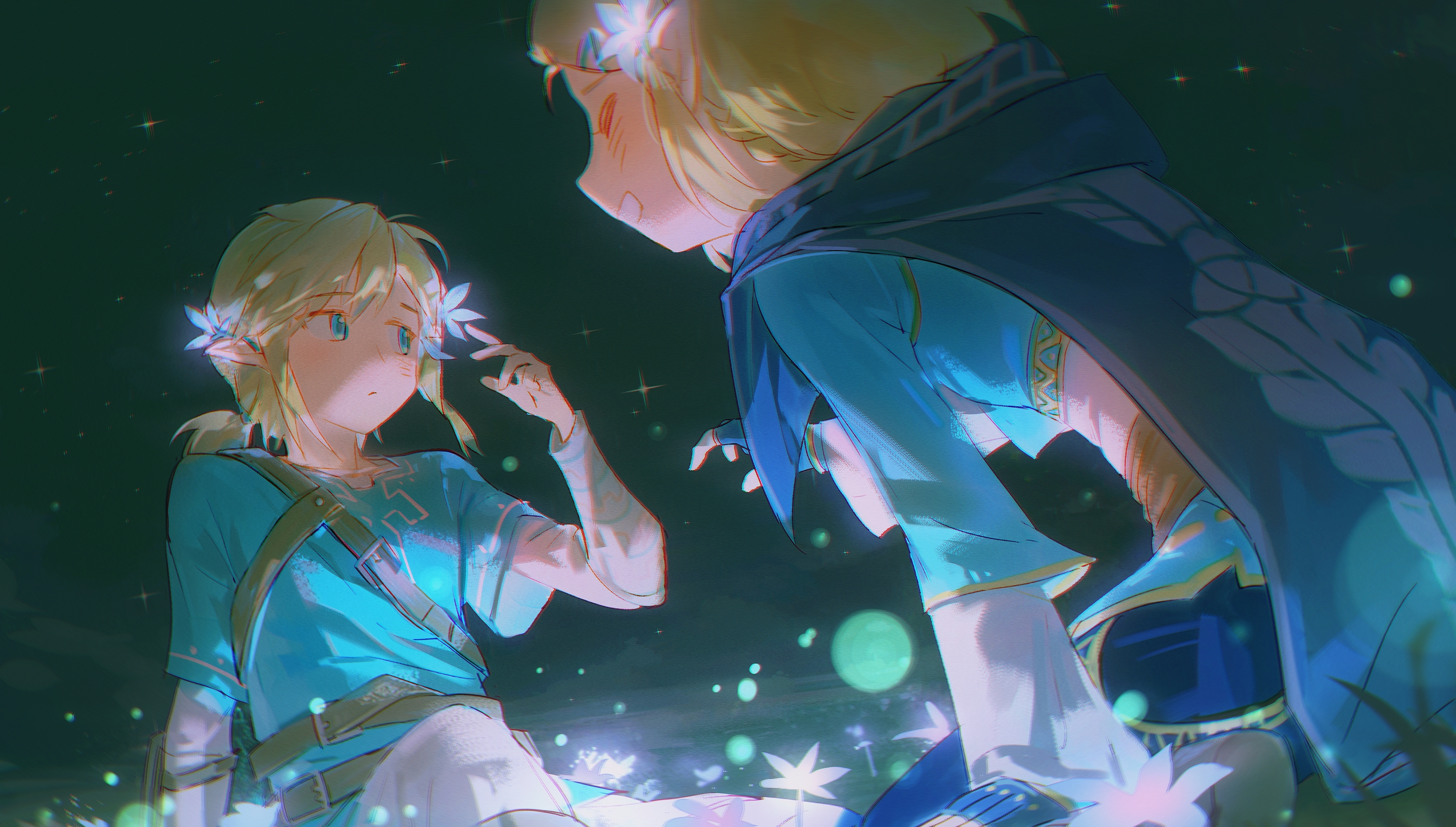 akakagami, link, princess zelda, nintendo, the legend of zelda, the legend of zelda: tears of the kingdom, absurdres, chinese commentary, commentary request, highres, 1boy, 1girl, blonde hair, blue cape, blue gloves, blue shirt, blush, cape, chest harness, closed mouth, fingerless gloves, fireflies, flower, gloves, hair flower, hair ornament, happy, harness, layered sleeves, long sleeves, night, pants, ponytail, shirt, short hair, short over long sleeves, short ponytail, short sleeves, sitting, sparkle, star (sky), white flower, white pants