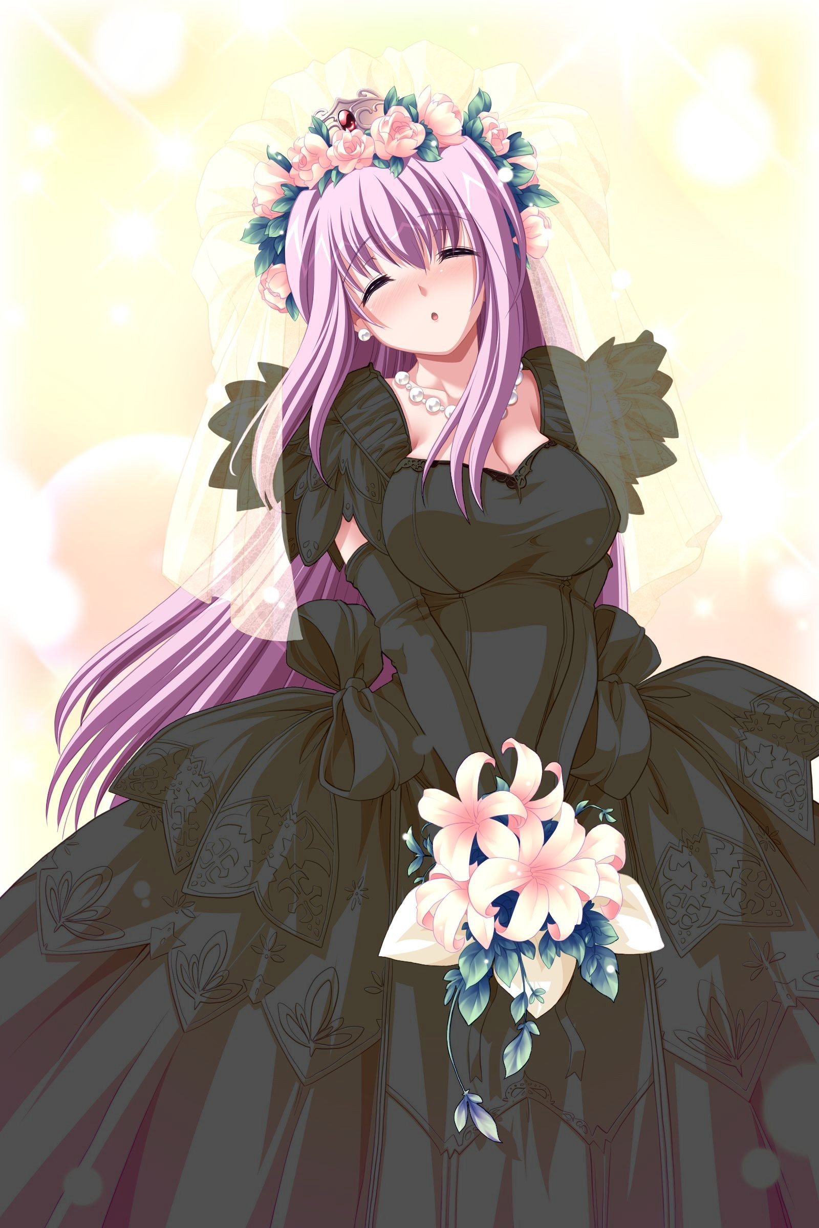 tsurugi hagane, hagall valkyr, shirogane no soleil, absurdres, game cg, highres, 1girl, black dress, blush, bouquet, breasts, bridal veil, bride, cleavage, closed eyes, crown, dark bride, dress, female focus, flower, hat, large breasts, purple eyes, purple hair, solo, veil, wedding dress
