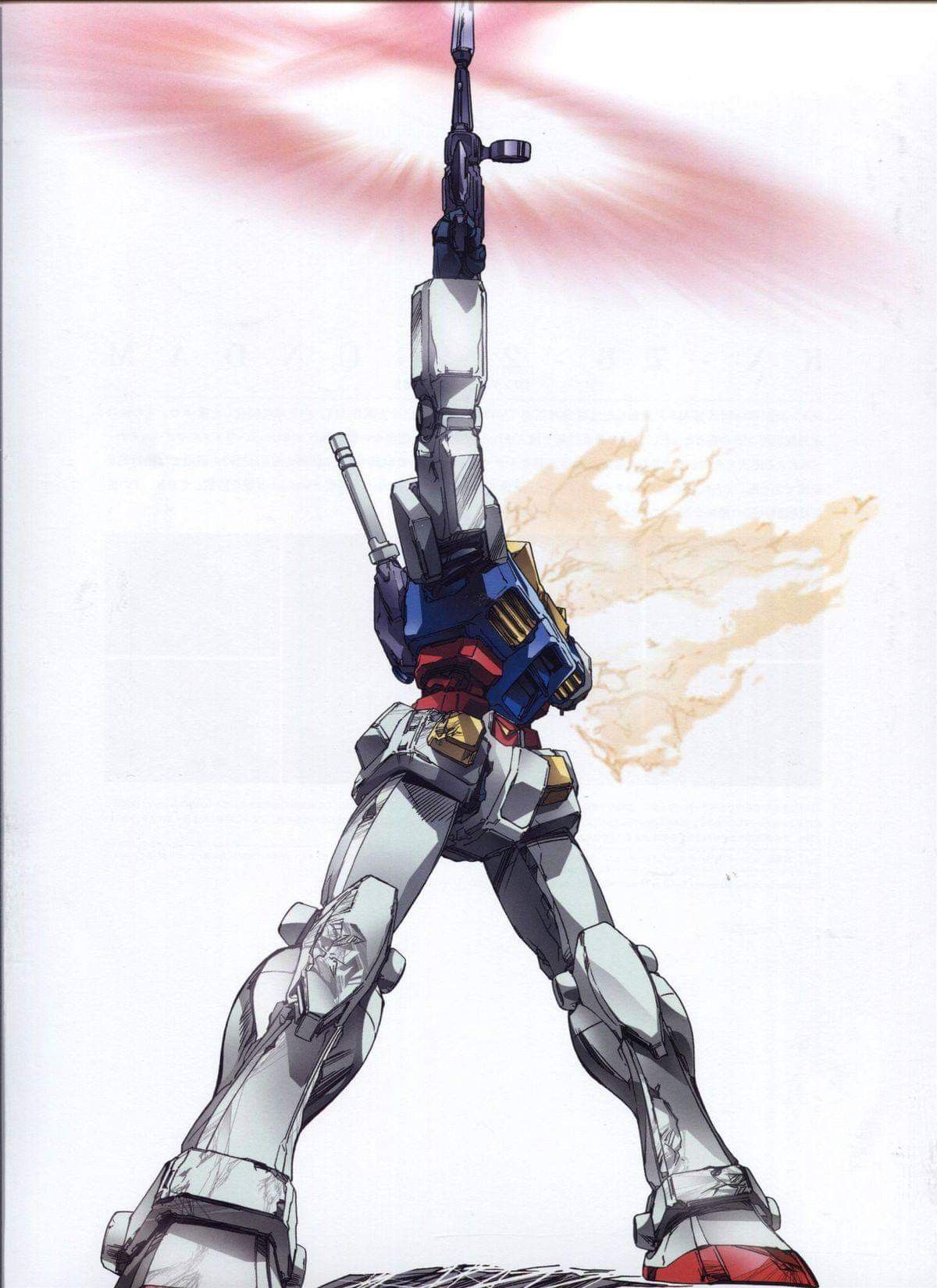 katoki hajime, rx-78-2 gundam, gundam, mobile suit gundam, highres, official art, promotional art, scan, spoilers, traditional media, 1990s (style), beam rifle, burning, damaged, dirty, energy, energy beam, energy gun, explosion, firing, glowing, headless, last shooting, machinery, mecha, mecha focus, missing limb, mobile suit, muzzle flash, no humans, retro artstyle, robot, scene reference, science fiction, shadow, weapon