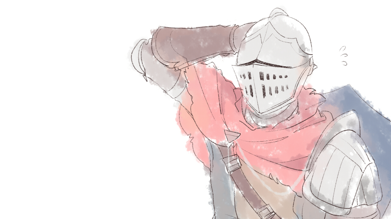 maou skun, chosen undead, dark souls (series), dark souls i, commentary request, 1other, ambiguous gender, armor, flying sweatdrops, grey tunic, hand on own head, helm, helmet, knight, other focus, pauldrons, red scarf, scarf, shield, shield on back, shoulder armor, simple background, solo, tunic, upper body, white background