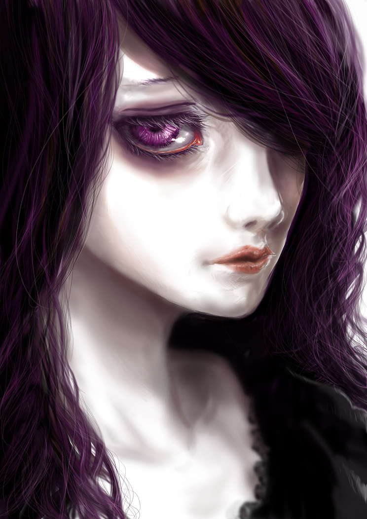 inuboe, bad id, bad pixiv id, 1girl, creepy, female focus, hair over one eye, horror (theme), looking at viewer, pale skin, portrait, purple eyes, purple hair, solo