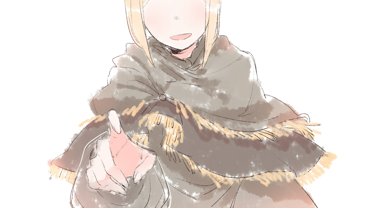 maou skun, anastacia of astora, dark souls (series), dark souls i, commentary request, 1girl, blonde hair, faceless, faceless female, fringe trim, grey robe, long sleeves, open mouth, robe, short hair, simple background, smile, solo, upper body, white background