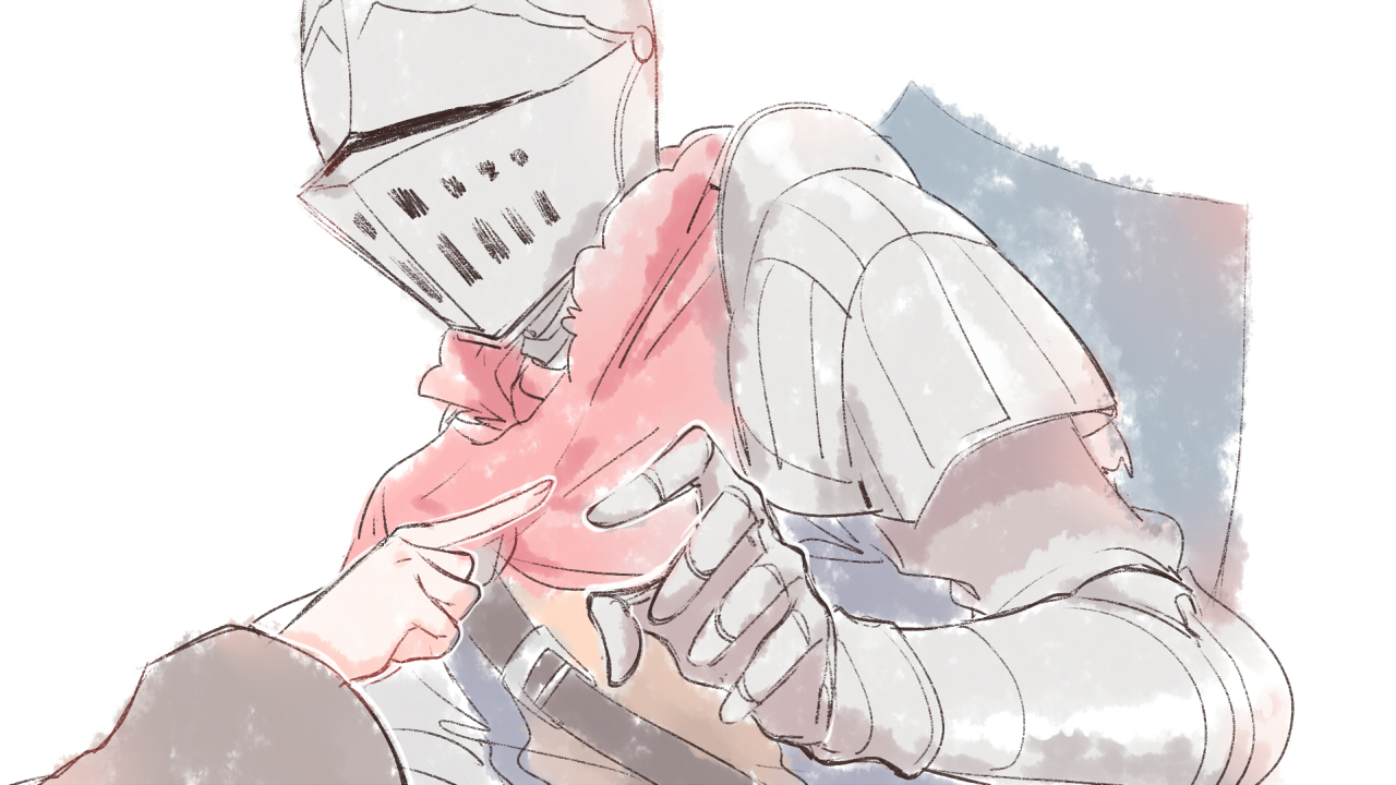 maou skun, anastacia of astora, chosen undead, dark souls (series), dark souls i, commentary request, 1girl, 1other, ambiguous gender, armor, gauntlets, grey tunic, helm, helmet, knight, other focus, pauldrons, red scarf, scarf, shield, shield on back, shoulder armor, simple background, solo focus, tunic, upper body, white background