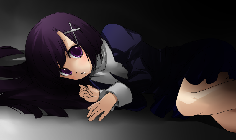 kosumo, zange, kannagi, 00s, cross, purple eyes, purple hair, solo