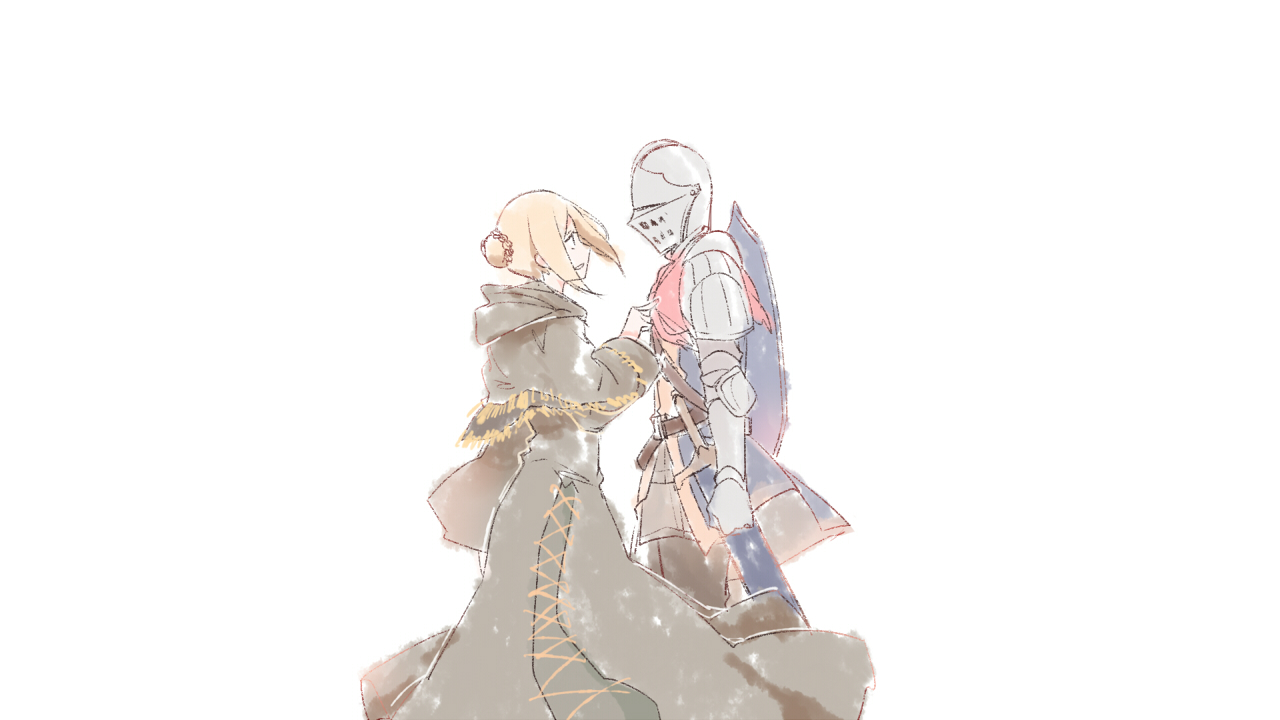 maou skun, anastacia of astora, chosen undead, dark souls (series), dark souls i, commentary request, 1girl, 1other, ambiguous gender, blonde hair, blue tunic, brown pants, feet out of frame, grey robe, hair bun, helm, helmet, hood, hood down, knight, long sleeves, looking at another, open mouth, pants, profile, red scarf, robe, scarf, shield, shield on back, simple background, single hair bun, standing, tunic, white background