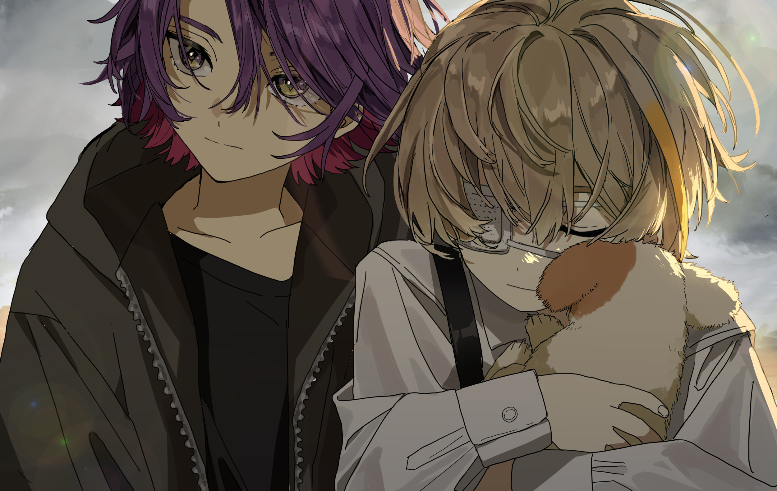 matsuhago, fura kanato, watarai hibari, nijisanji, highres, 2boys, aged down, animal, black hoodie, black shirt, blonde hair, closed eyes, cloud, cloudy sky, colored inner hair, dog, eyepatch, hair between eyes, holding, holding animal, hood, hood down, hoodie, kiironoko (fura kanato), male focus, medical eyepatch, multicolored hair, multiple boys, purple hair, shirt, short hair, sky, two-tone hair, unzipped, upper body, virtual youtuber, white shirt, yellow eyes, zipper