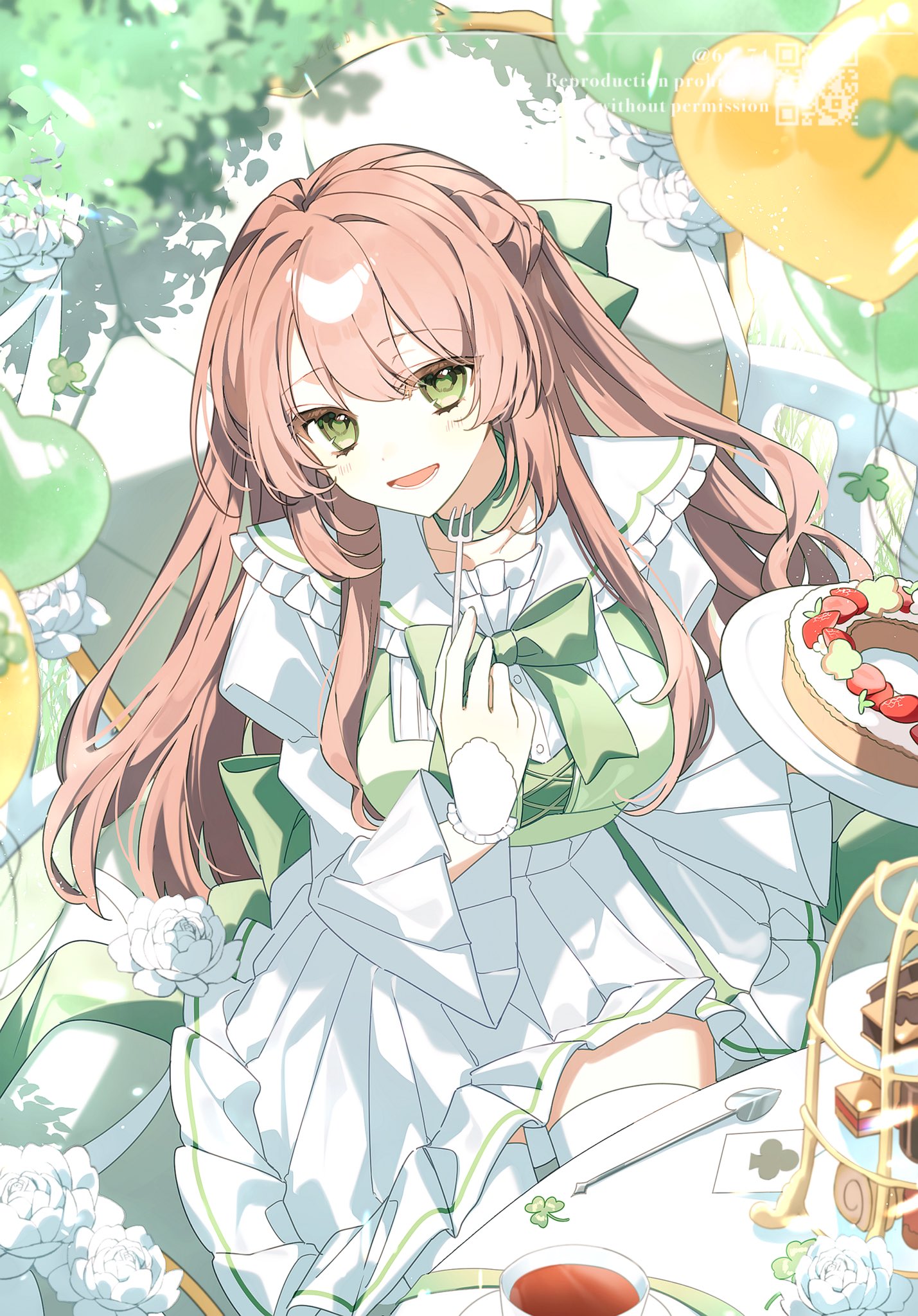ninoro (6p 74), original, highres, 1girl, balloon, bow, bowtie, breasts, brown hair, cake, dress, flower, food, fork, green bow, green bowtie, green eyes, holding, holding fork, holding plate, long hair, long sleeves, looking at viewer, ninoro (6p 74)original, open mouth, plate, sitting, smile, solo, thighhighs, white dress, white flower, white thighhighs