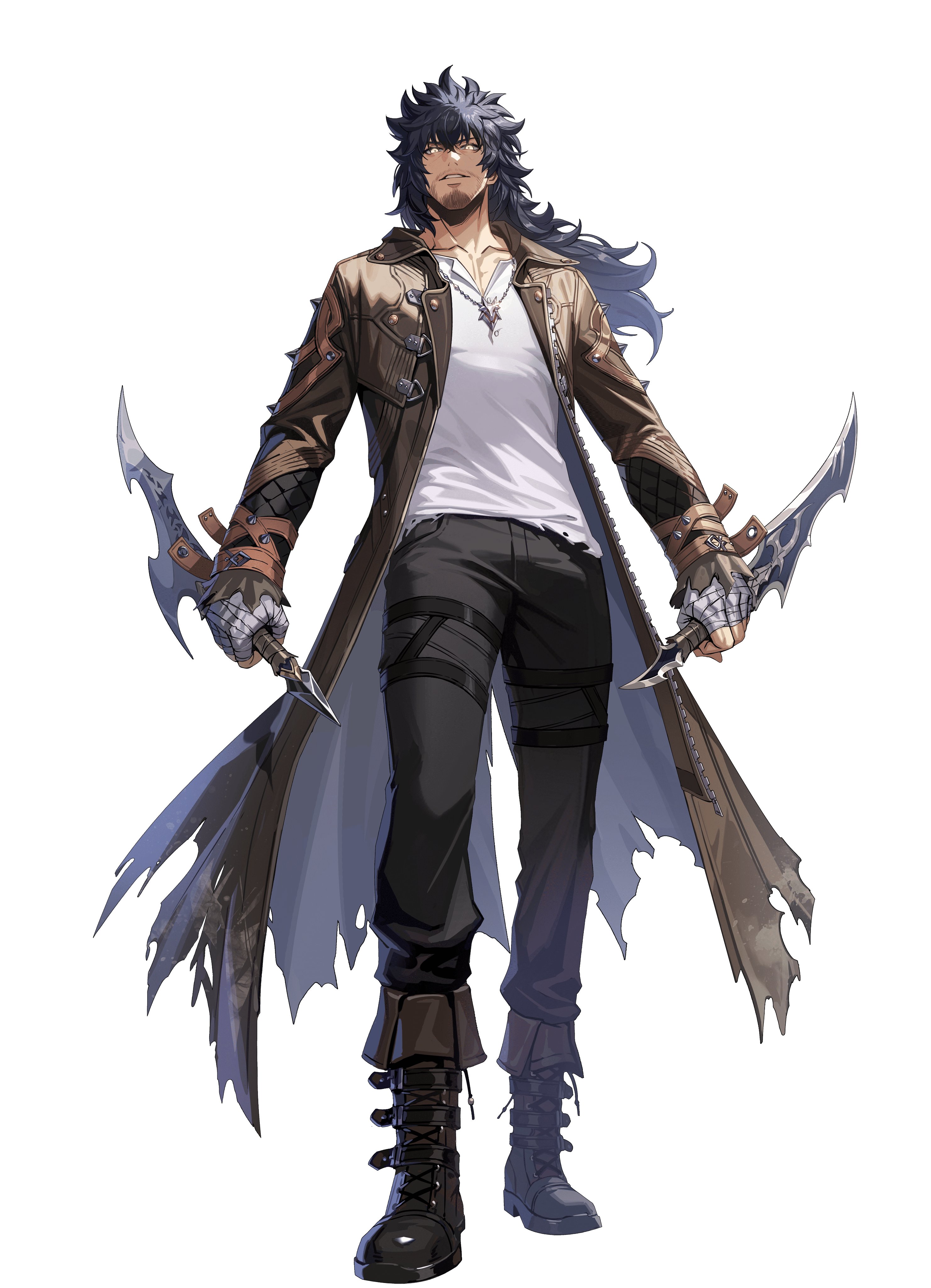 sung il-hwan, solo leveling, solo leveling: arise, absurdres, highres, official art, 1boy, bandaged hand, bandages, black boots, black hair, black pants, boots, brown coat, coat, dagger, dual wielding, full body, holding, holding dagger, holding knife, holding weapon, jewelry, knife, long coat, long hair, looking at viewer, necklace, open clothes, open coat, pants, shirt, simple background, sitting, solo, weapon, white background, white shirt