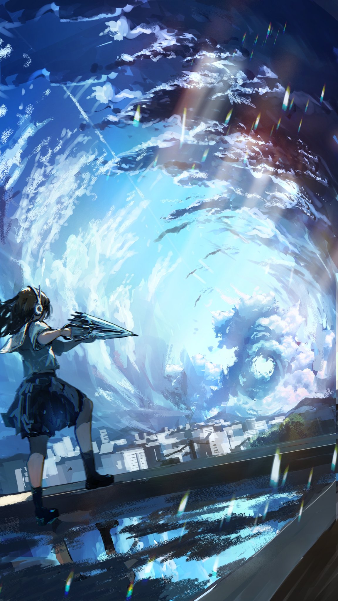 original, highres, 1girl, black hair, blue sky, building, city, cloud, cloudy sky, day, facing away, from behind, headphones, long hair, outdoors, sanmen (threeface il), scenery, school uniform, serafuku, skirt, sky, socks, solo, sunlight