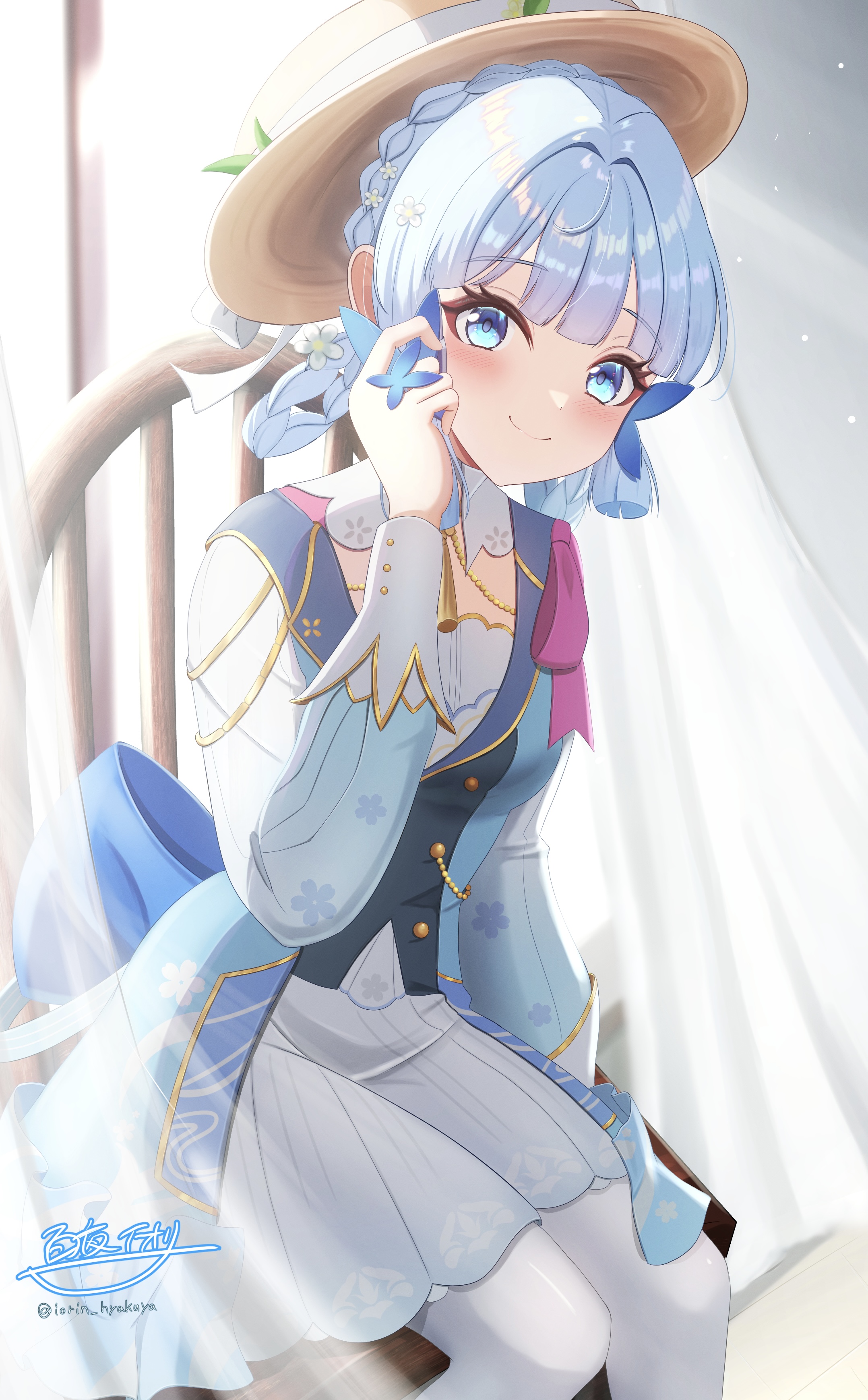hyakuya iori, ayaka (genshin impact), kamisato ayaka, kamisato ayaka (springbloom missive), genshin impact, absurdres, commentary request, highres, 1girl, blue dress, blue eyes, blue hair, blunt tresses, blush, butterfly hair ornament, closed mouth, day, dress, hair ornament, hand in own hair, hand up, hat, indoors, long sleeves, looking at viewer, official alternate costume, sidelocks, signature, sitting, smile, solo, twitter username