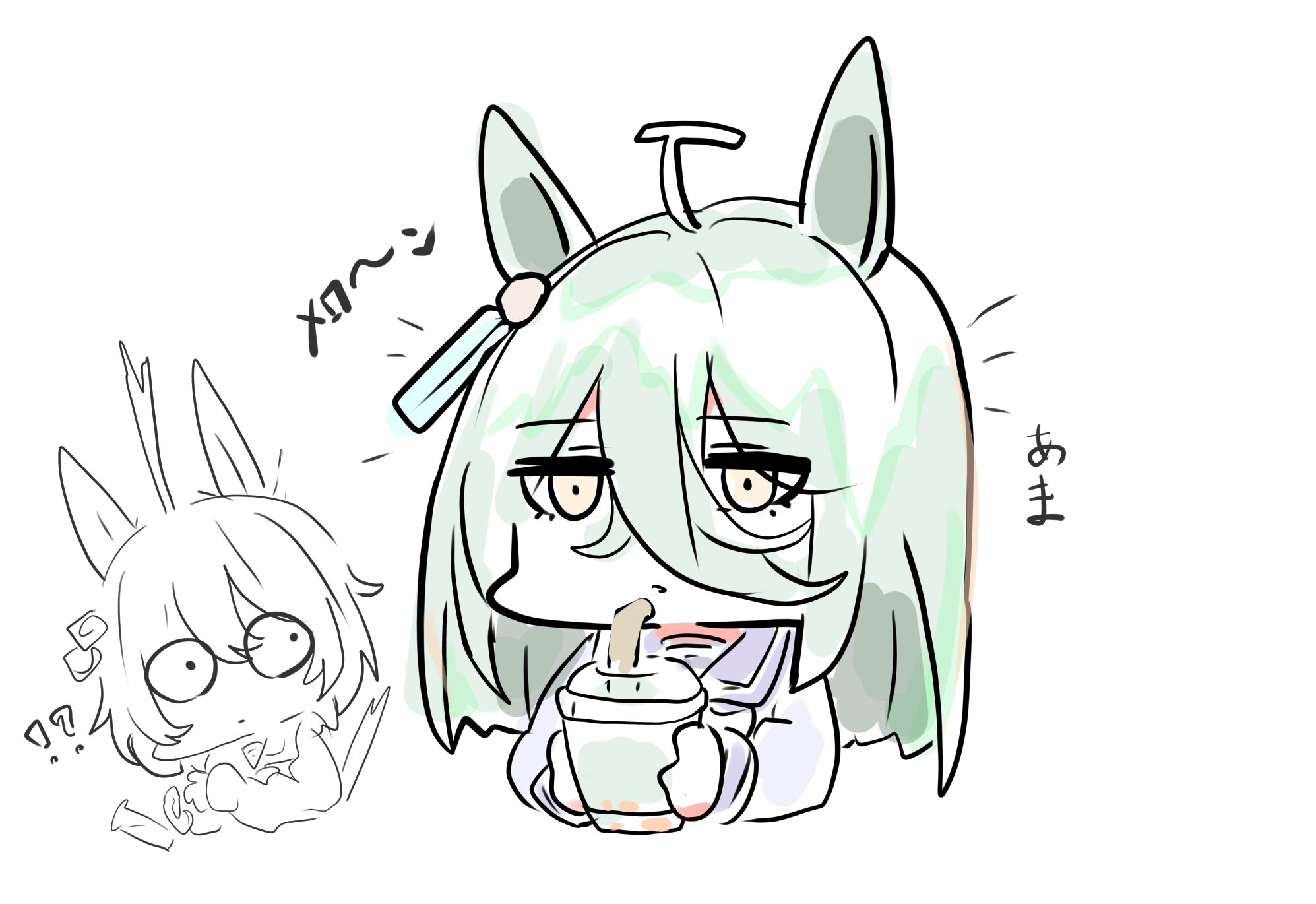 kawamochi (tddm3573), agnes tachyon (umamusume), manhattan cafe (umamusume), umamusume, highres, !?, 2girls, ahoge, alternate hair color, animal ears, bendy straw, brown eyes, closed mouth, cropped torso, cup, disposable cup, drinking straw, expressive hair, green hair, hair between eyes, holding, holding cup, horse ears, horse girl, horse tail, long sleeves, multiple girls, puffy long sleeves, puffy sleeves, purple shirt, shirt, simple background, stiff tail, surprised, tail, upper body, vial, white background, wide-eyed