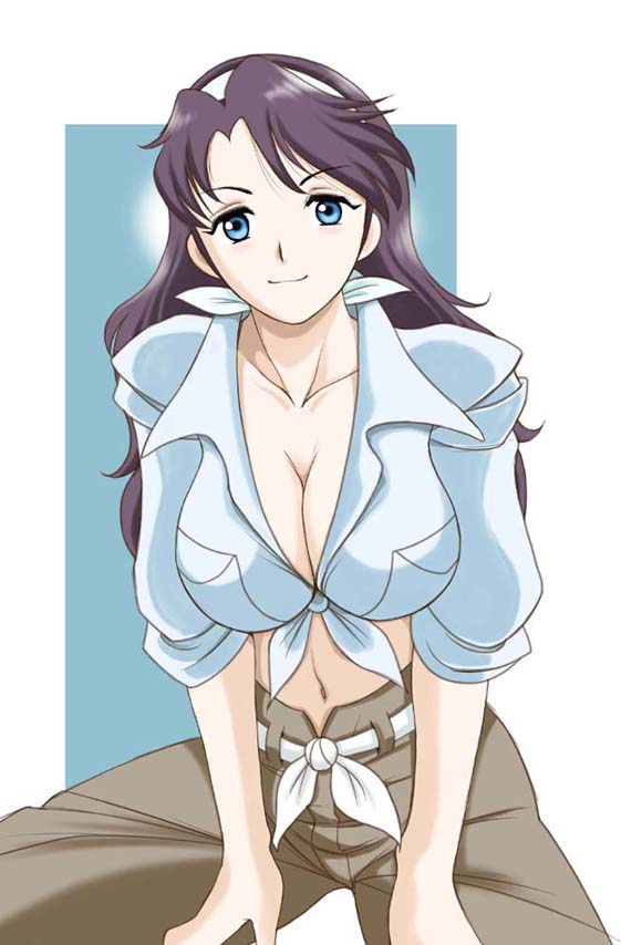 sabachiyo land, lena sayers, my-otome, my-otome s.ifr, 00s, 1girl, blue eyes, breasts, cleavage, female focus, front-tie top, hairband, large breasts, shirt, sleeves rolled up, smile, solo, tied shirt