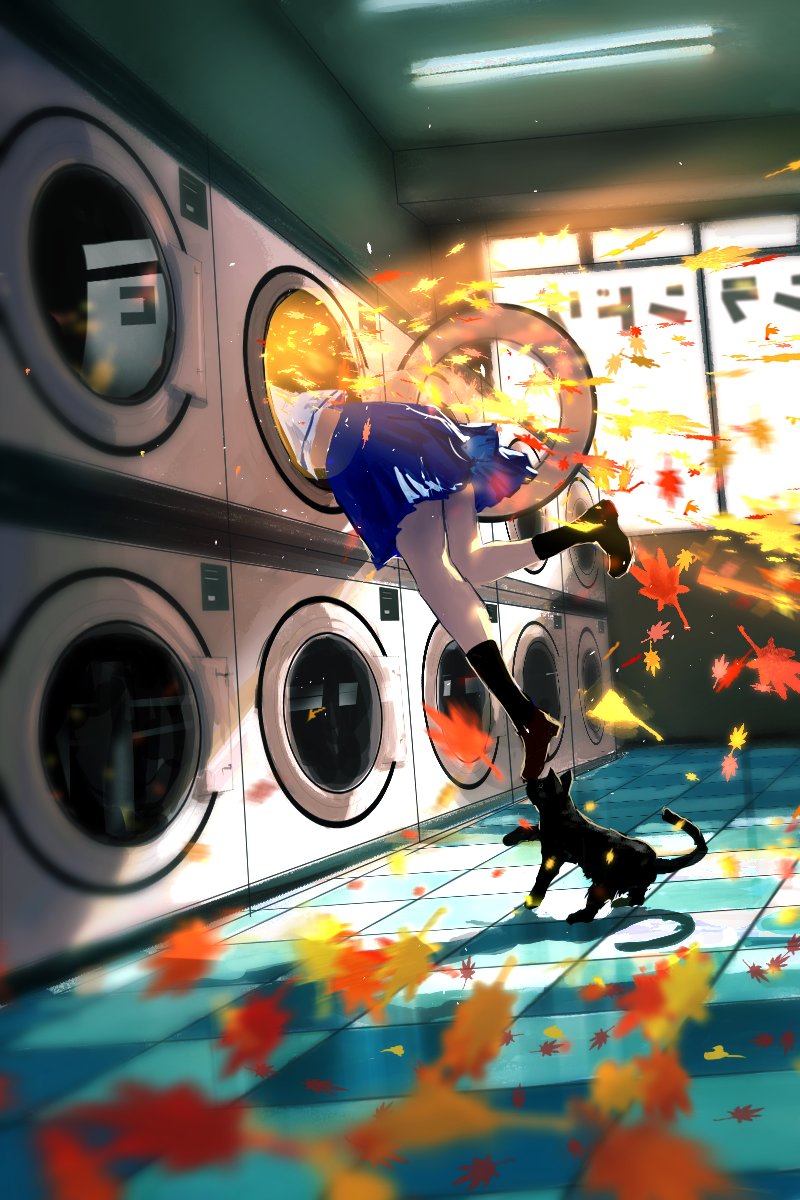 original, highres, 1girl, animal, autumn leaves, black cat, black socks, blue skirt, blurry, cat, indoors, leaf, maple leaf, pleated skirt, sanmen (threeface il), school uniform, shirt, shoes, skirt, socks, solo, tile floor, tiles, washing machine, white shirt