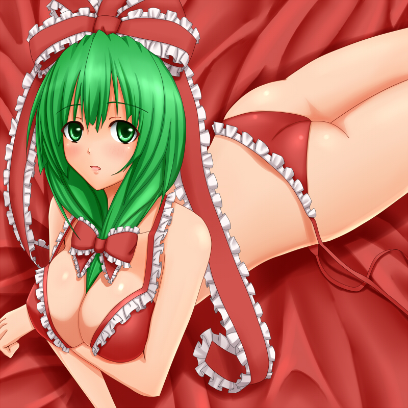 akitsuki karasu, kagiyama hina, touhou, 1girl, between breasts, bow, bra, breasts, cleavage, female focus, front ponytail, green eyes, green hair, large breasts, lingerie, long hair, lying, matching hair/eyes, panties, ribbon, side-tie panties, solo, underwear, underwear only